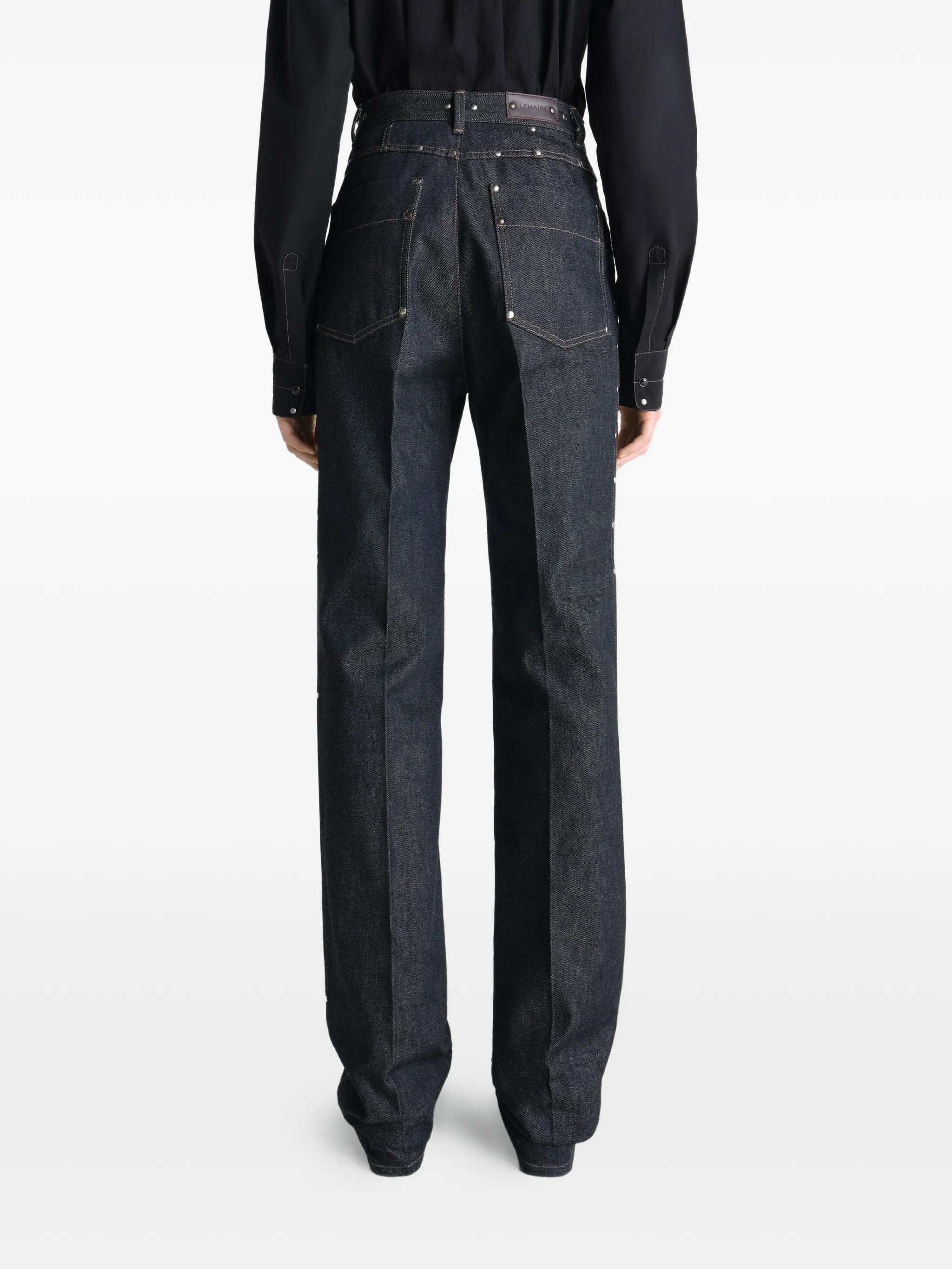 high-waisted straight pants with studs in denim