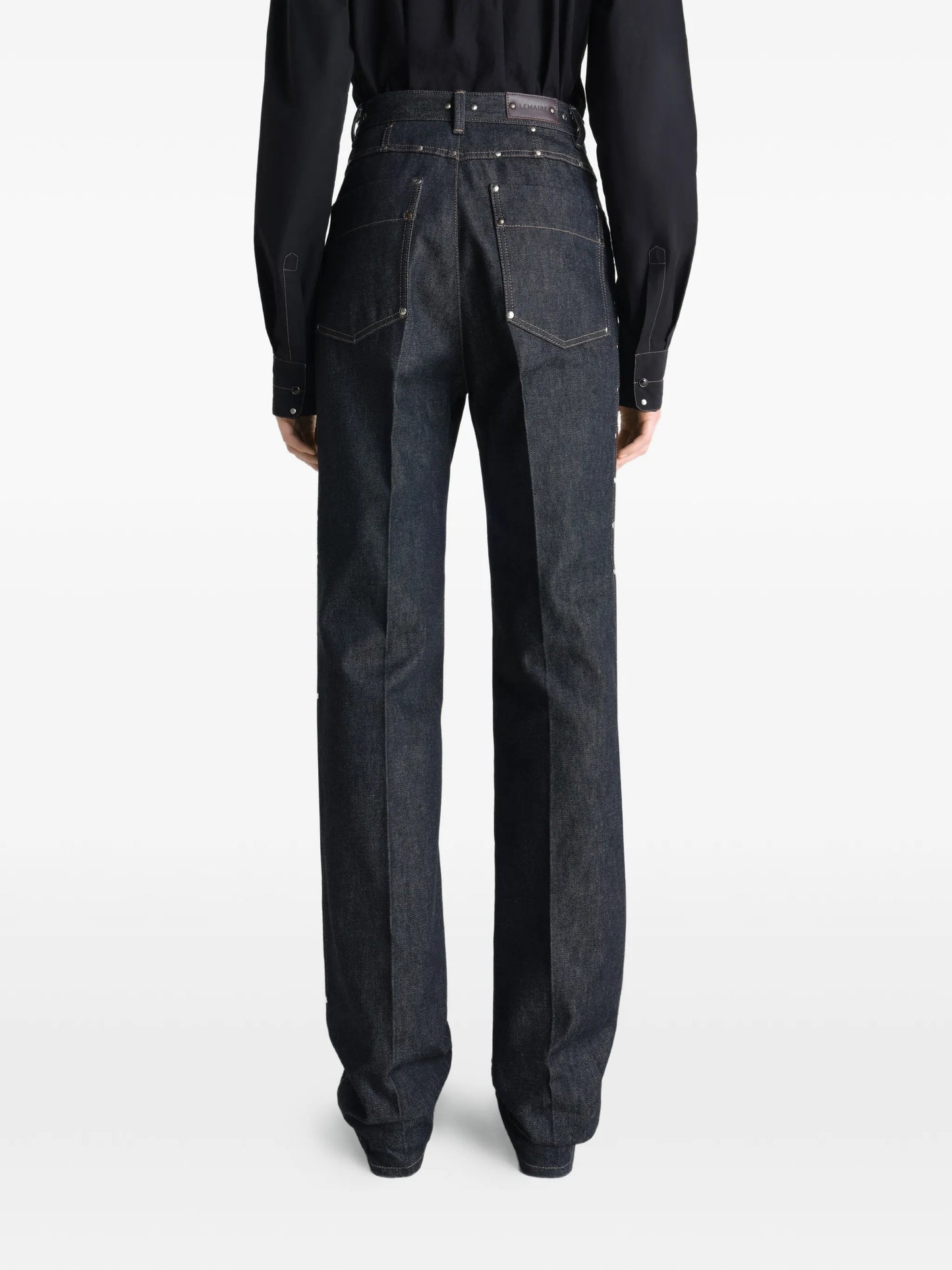 high-waisted straight pants with studs in denim