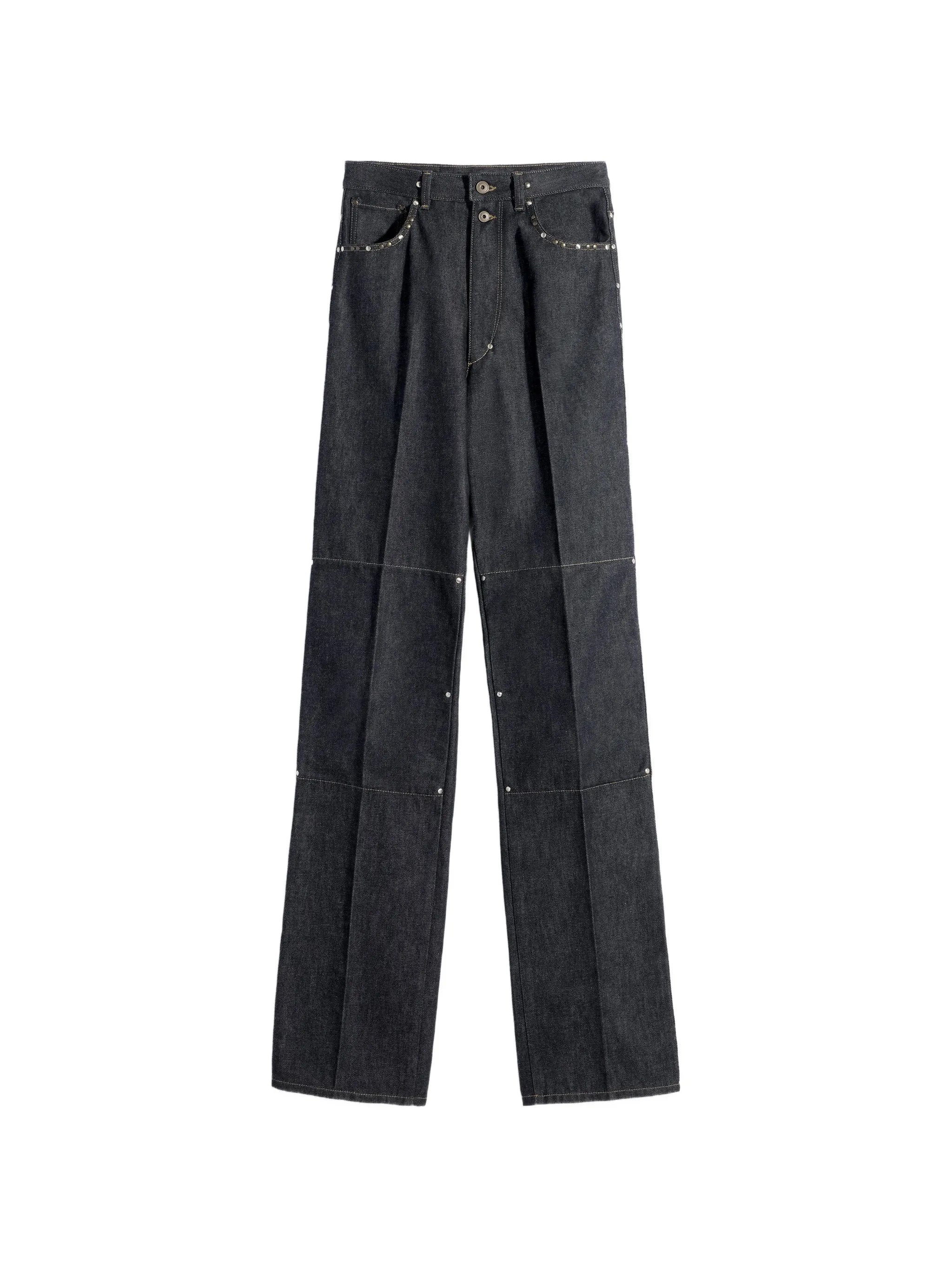 high-waisted straight pants with studs in denim