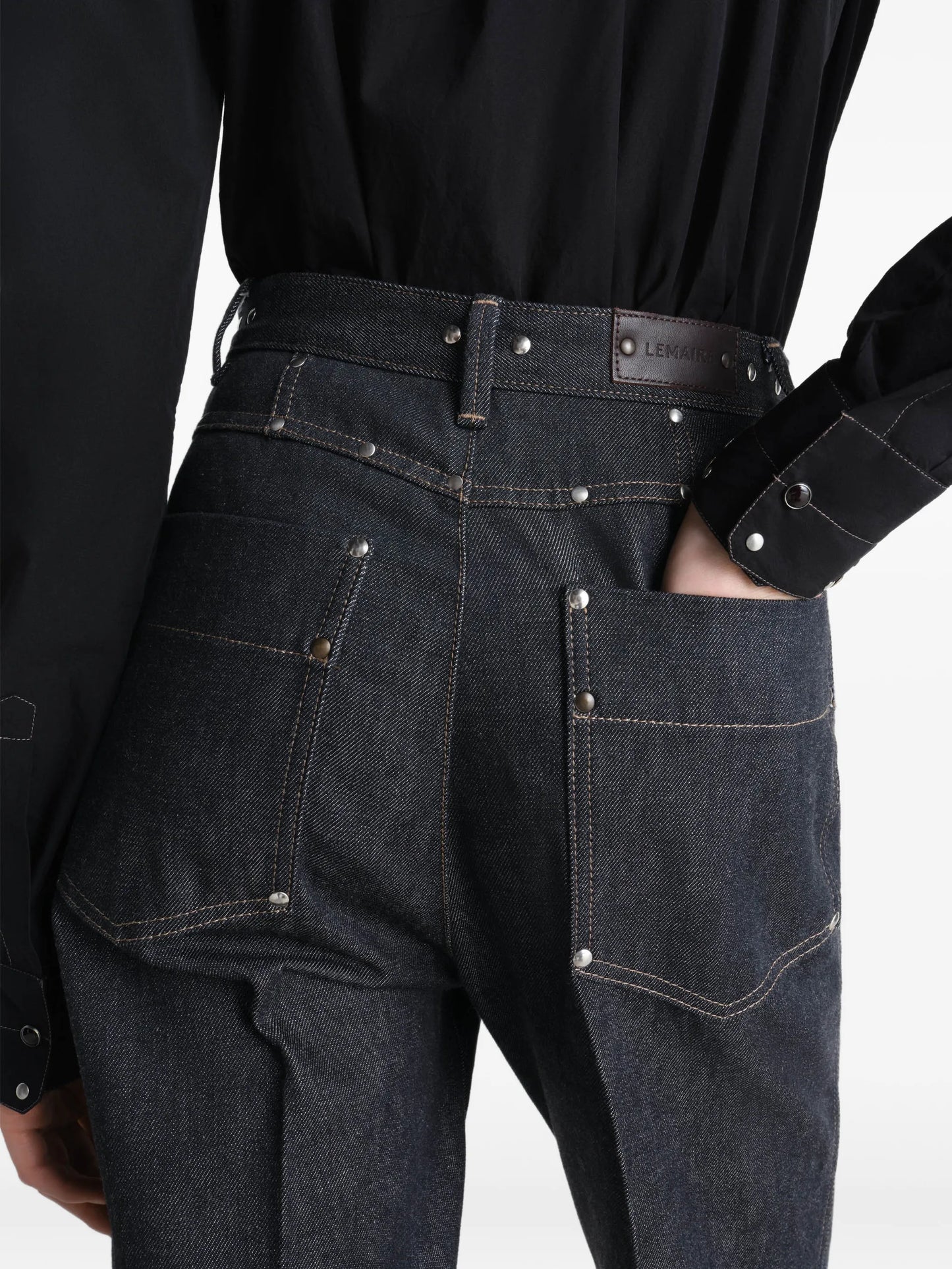 high-waisted straight pants with studs in denim