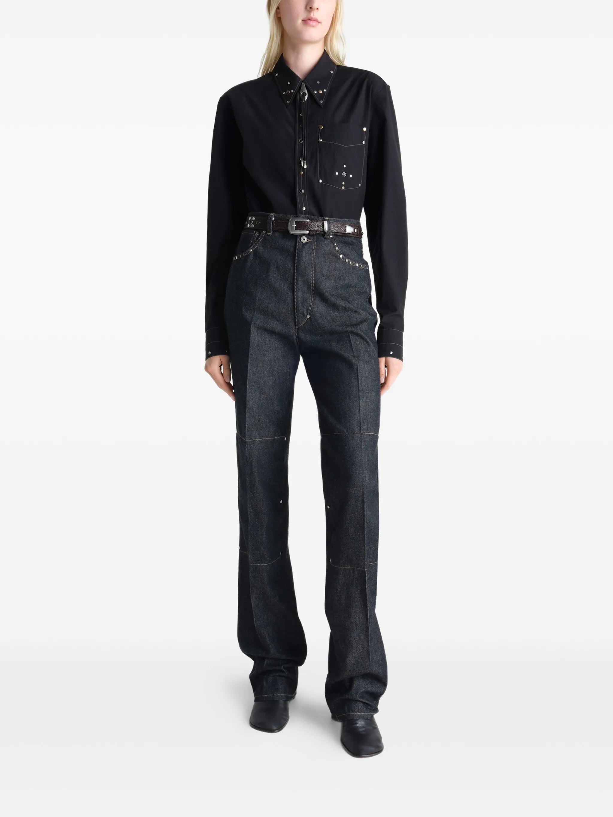 high-waisted straight pants with studs in denim