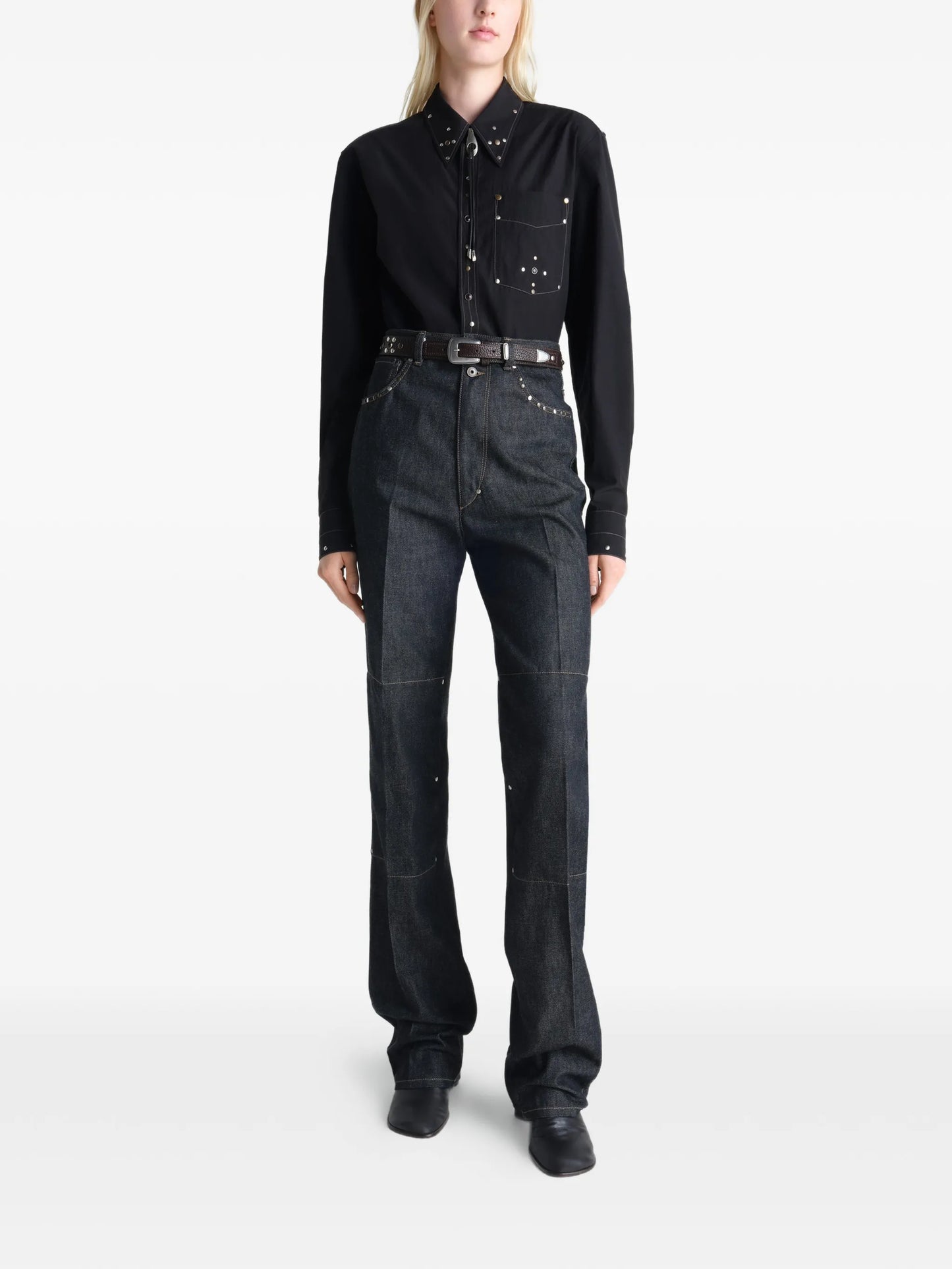 high-waisted studded straight trousers