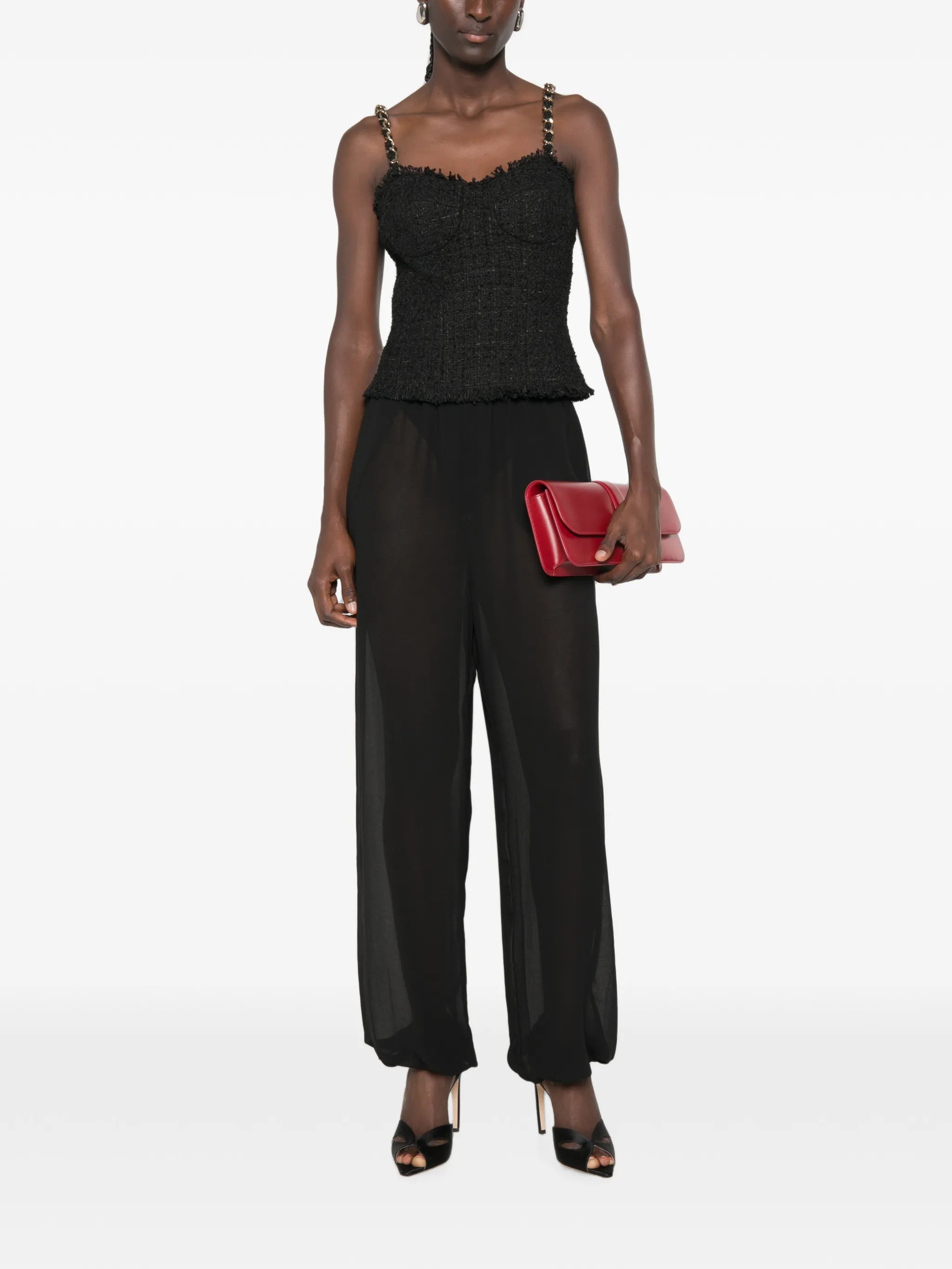 sleeveless tweed chain-link strap top