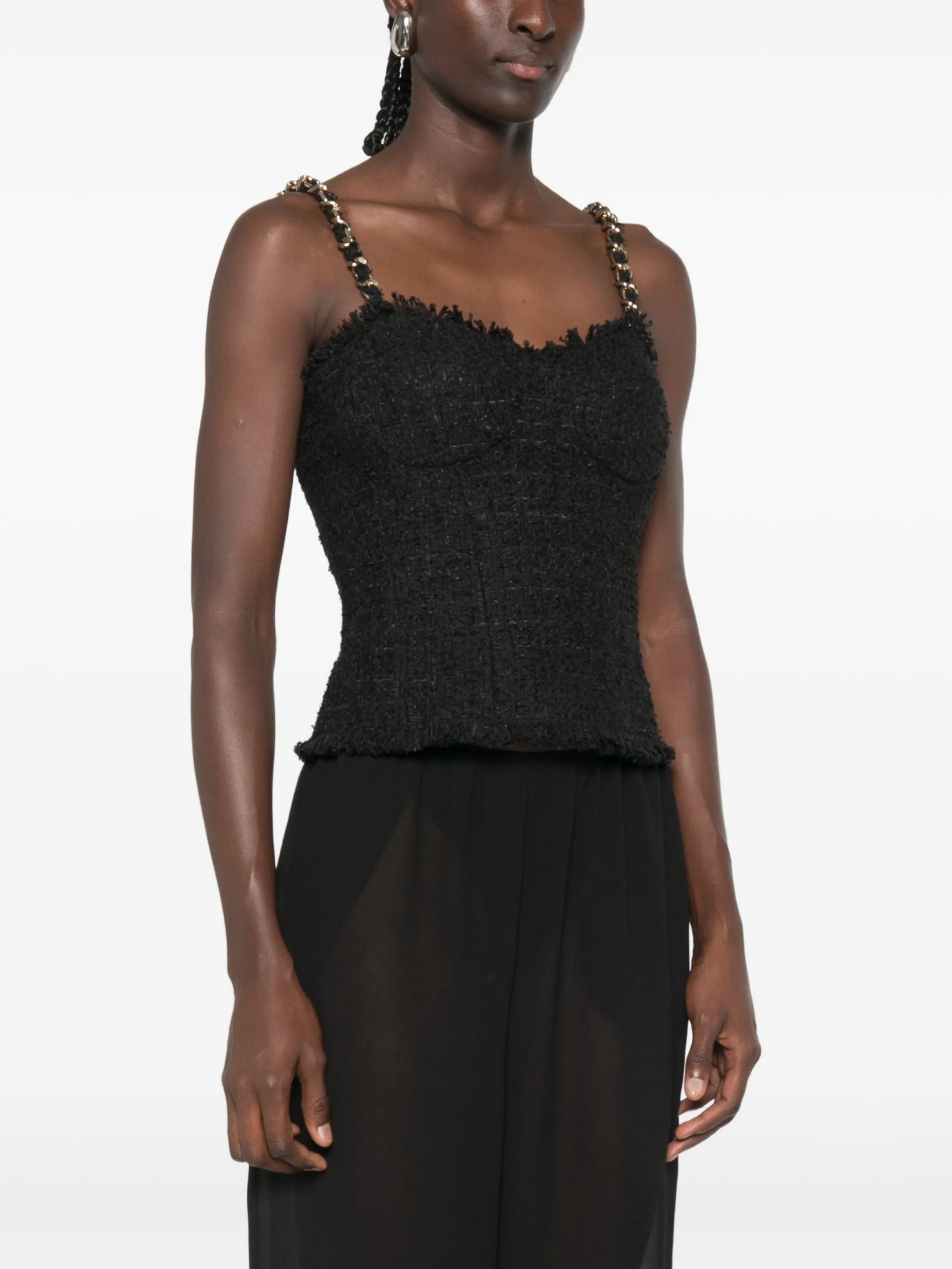 chain-strap tweed top
