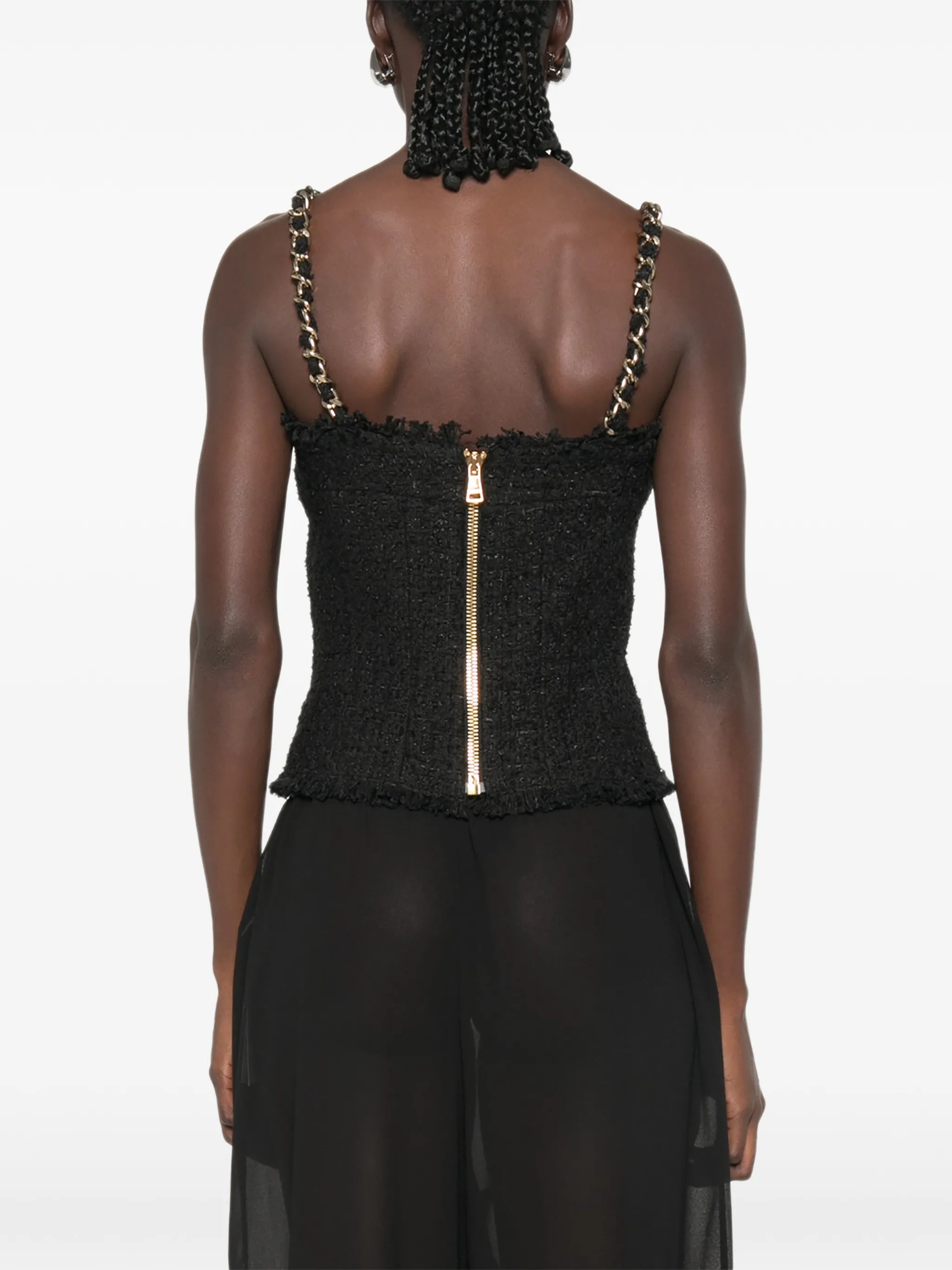 chain-strap tweed top