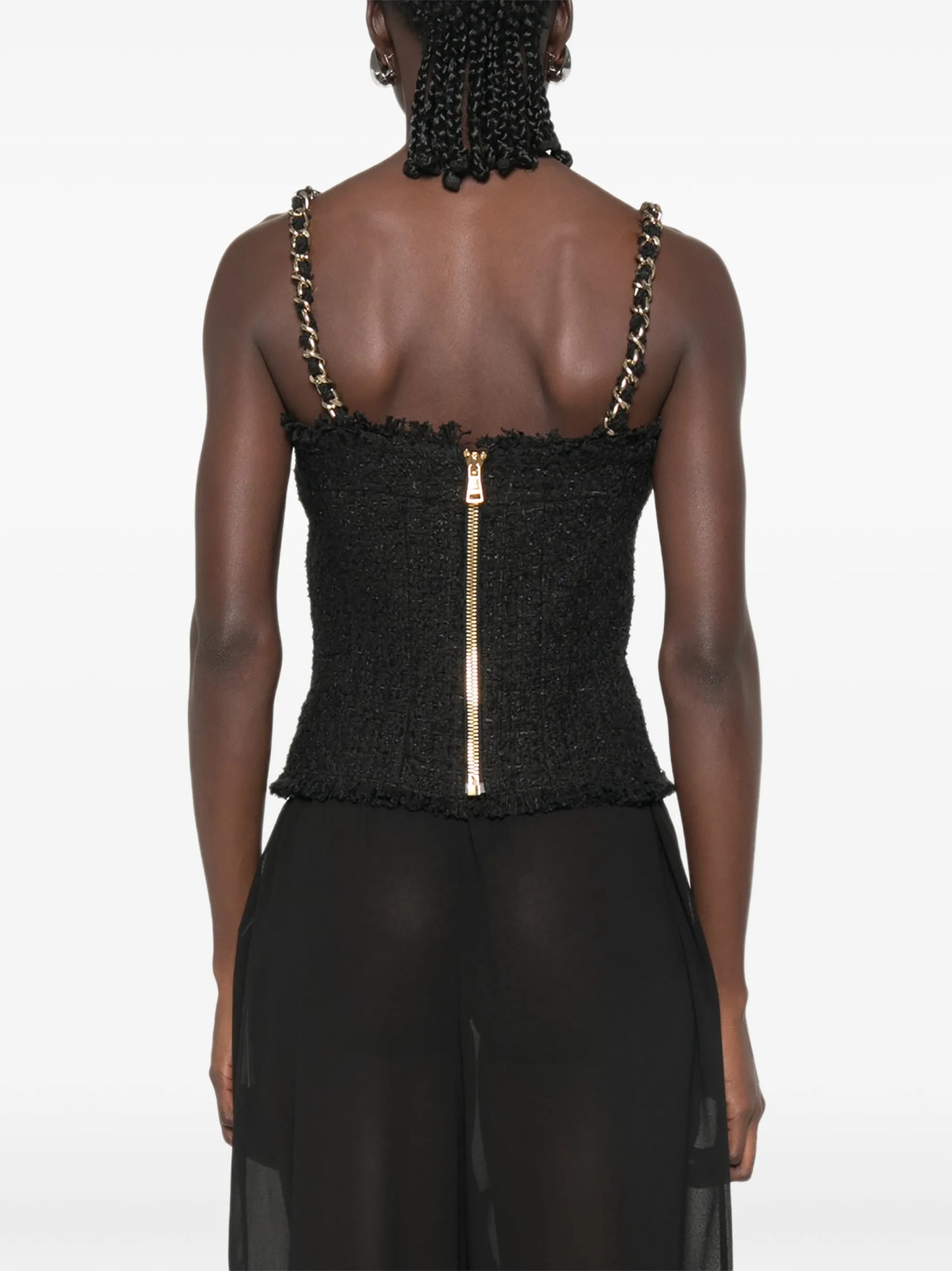chain-strap tweed top