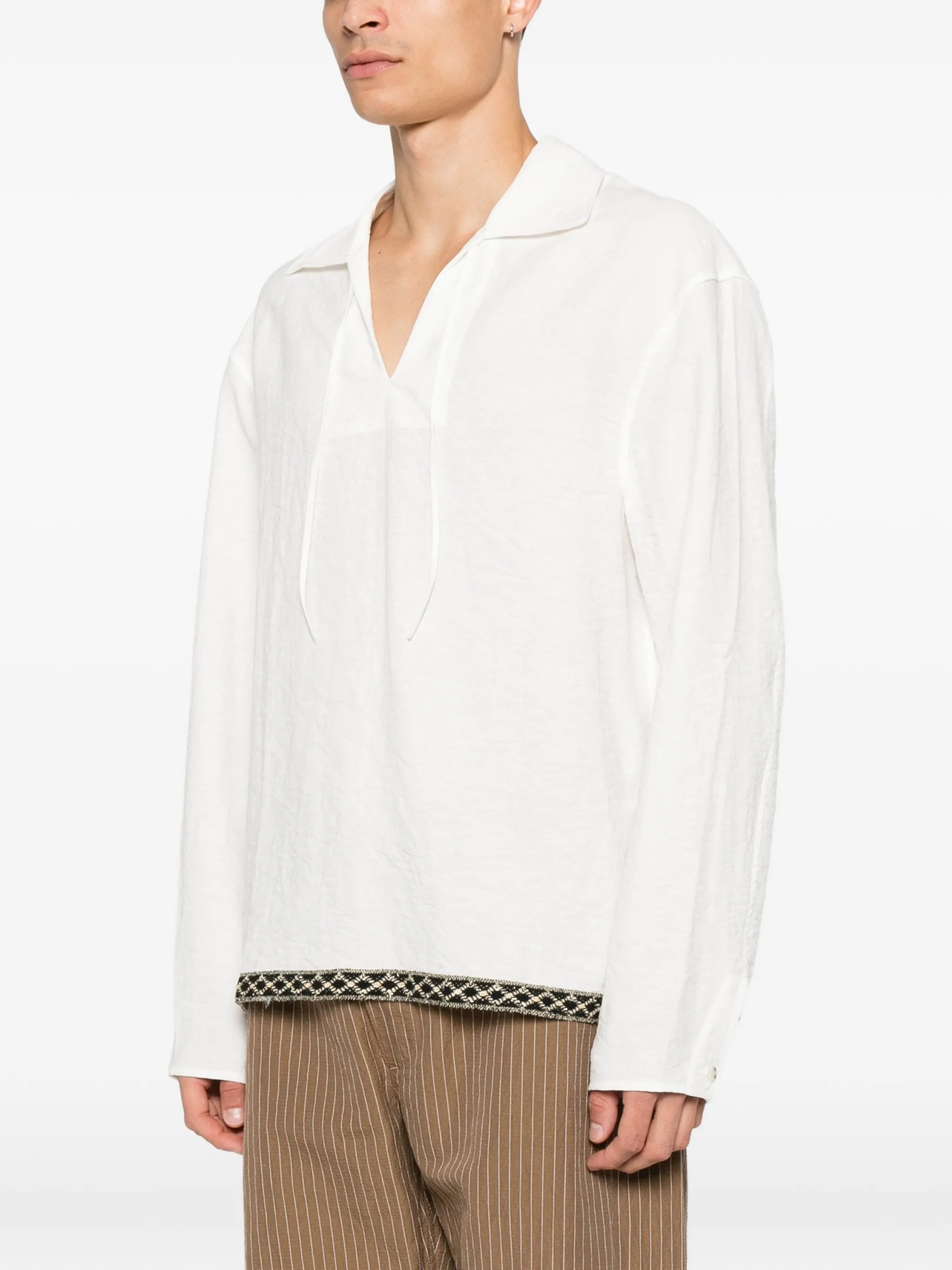 embroidered-trim front-tie shirt