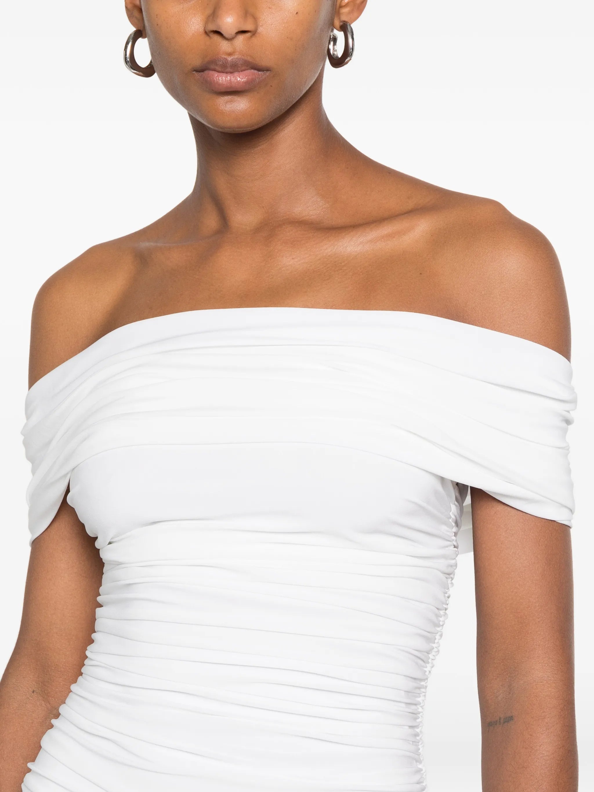 ruched off-the-shoulder midi dress