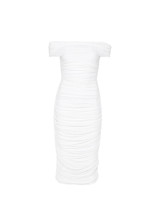 ruched off-the-shoulder midi dress