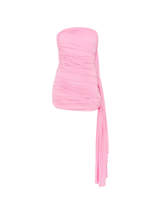asymmetric ruched strapless mini dress