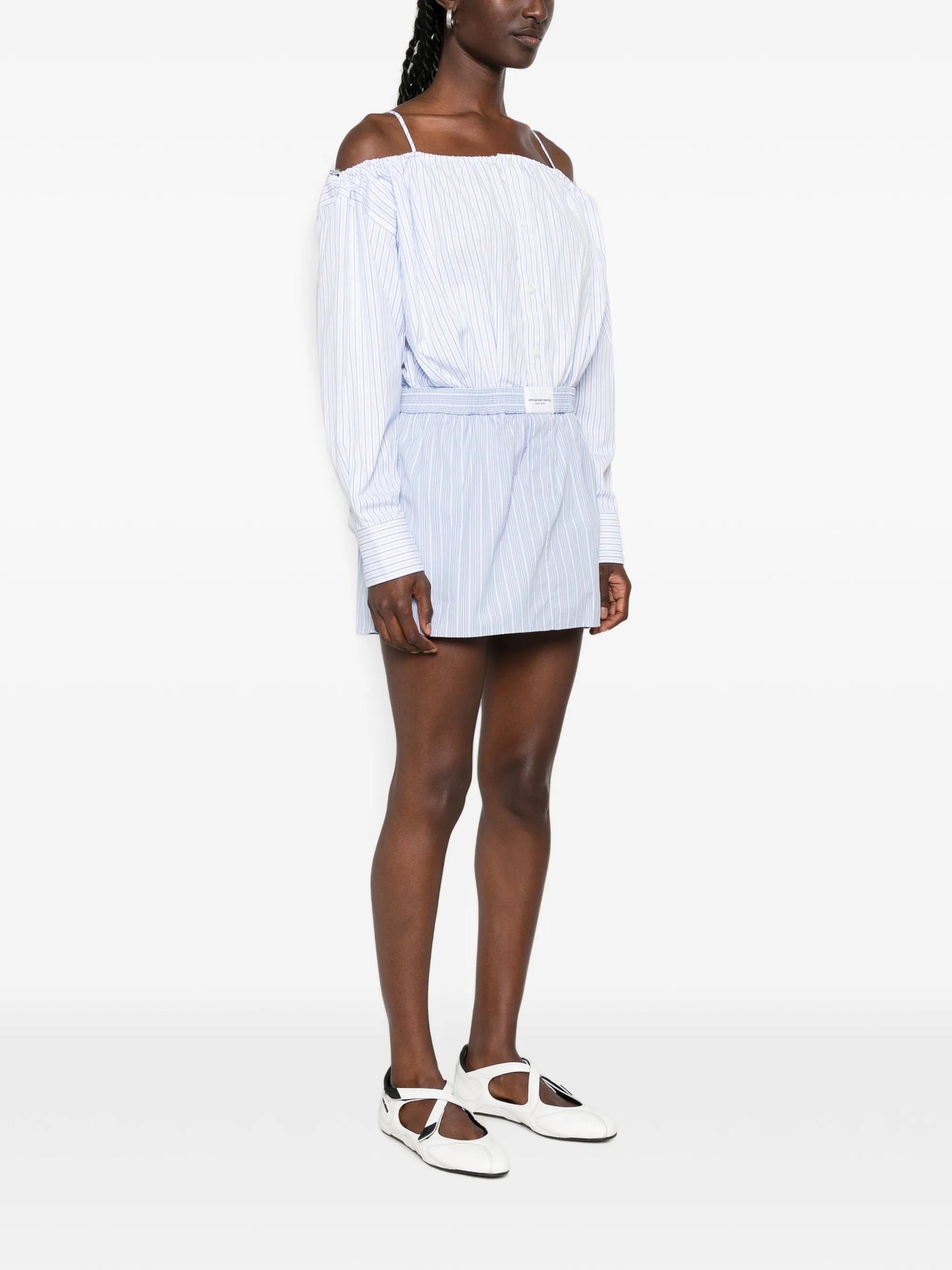 striped off-shoulder mini dress