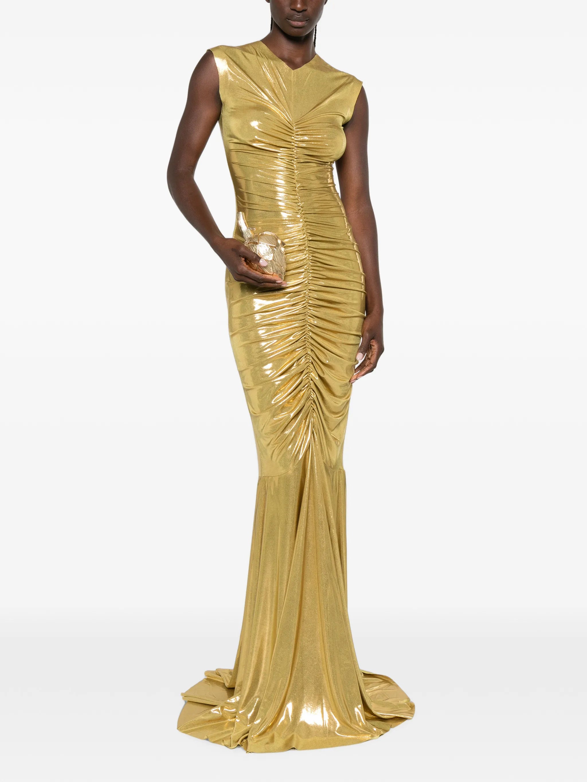 shirred fishtail maxi dress