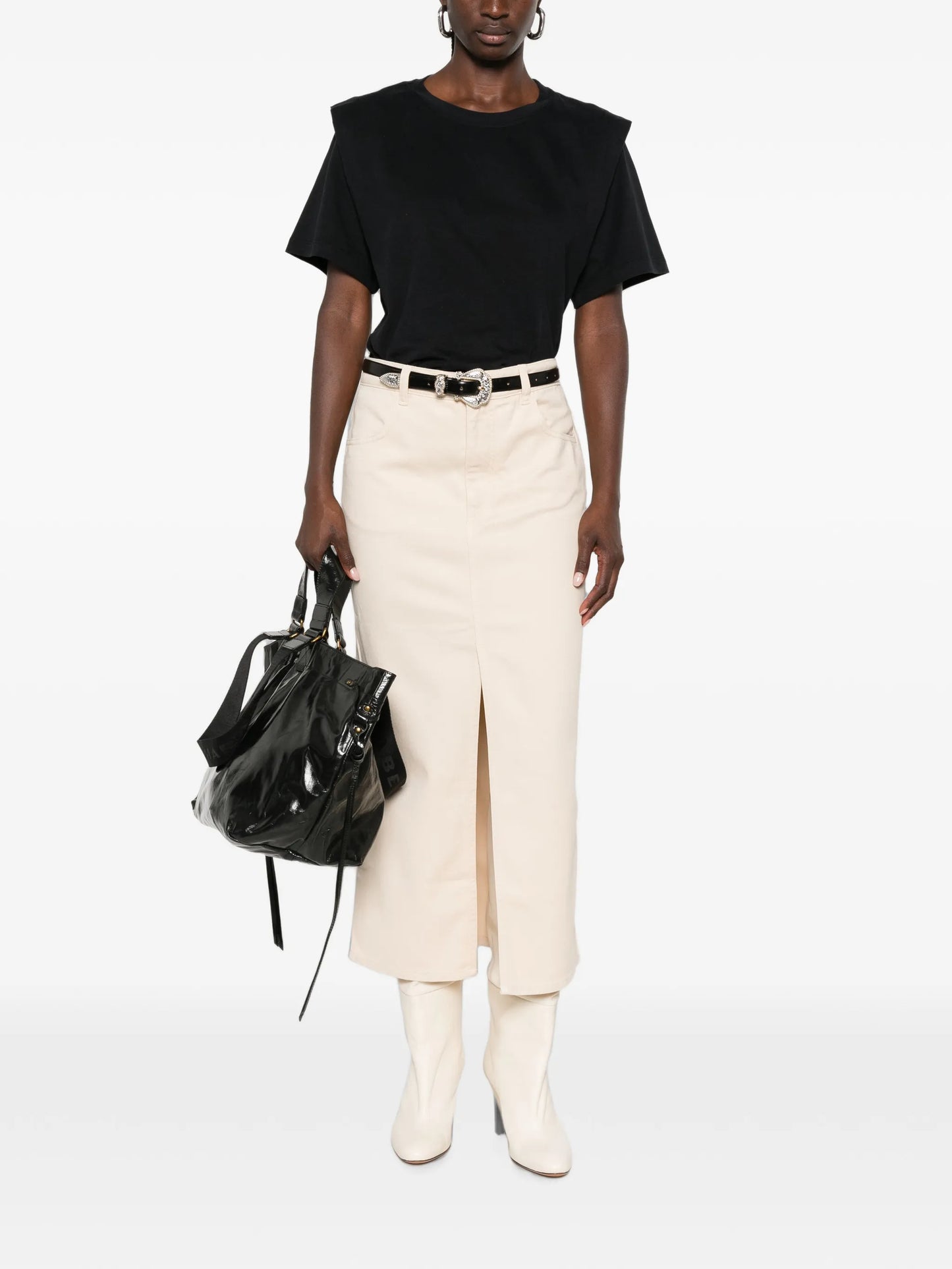 Faharia front-slit logo-patch midi skirt
