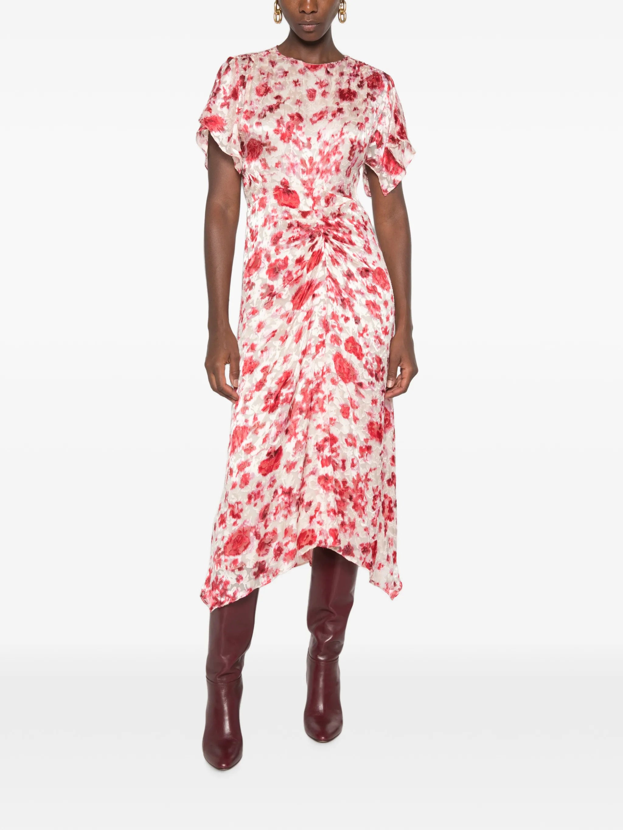 Herva floral-print ruched asymmetric midi dress