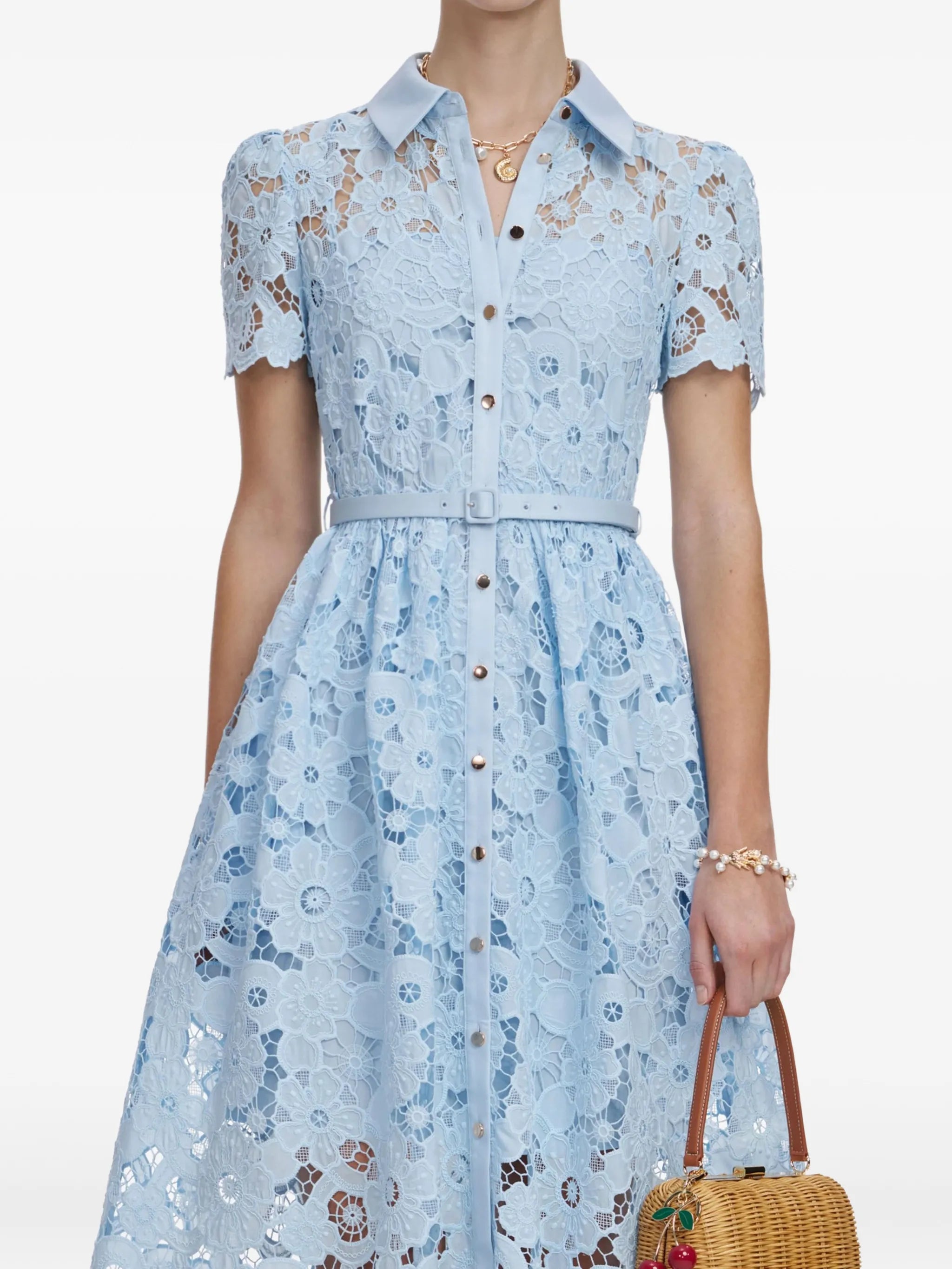 belted floral-lace midi dress