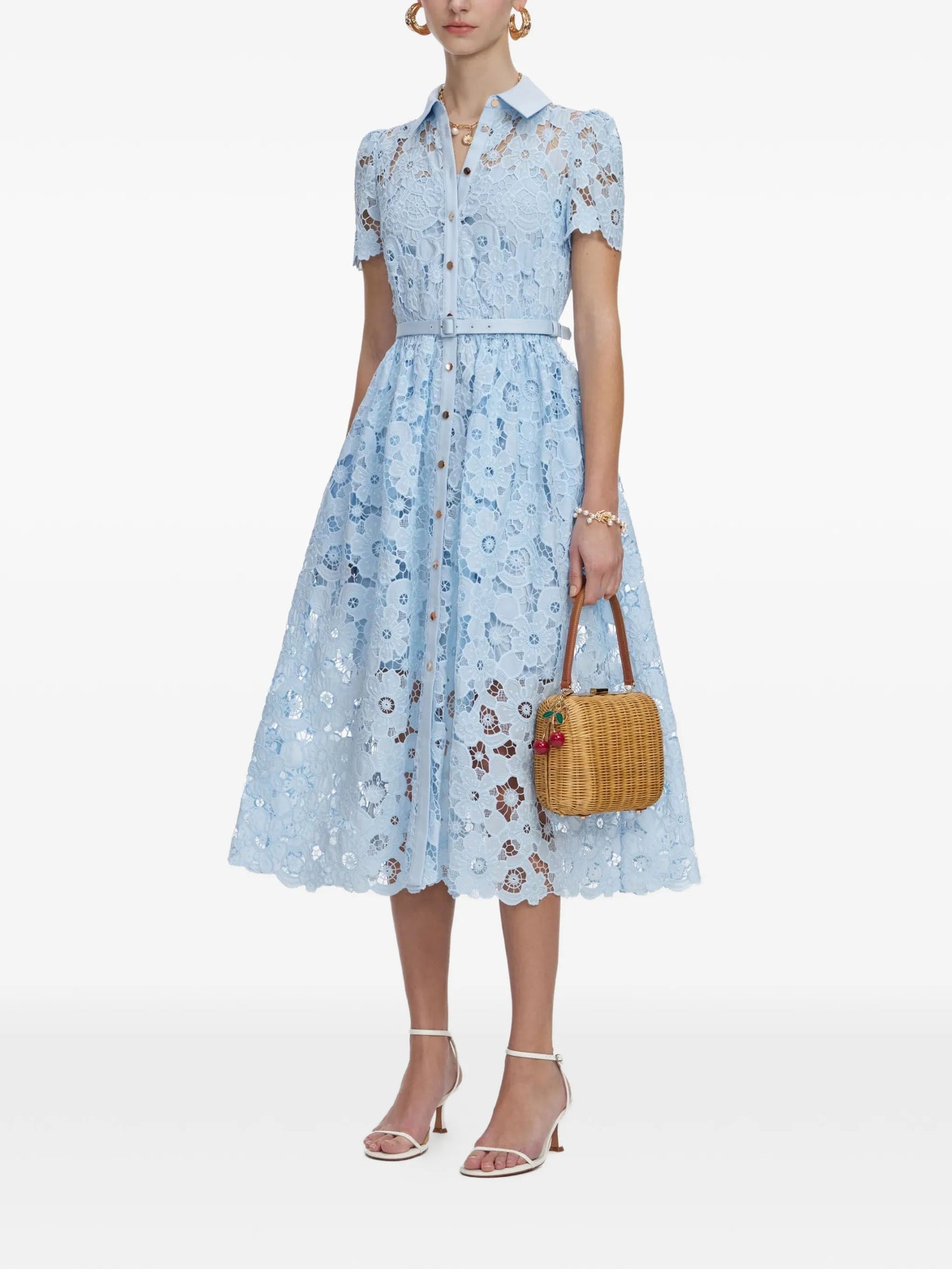 belted floral-lace midi dress