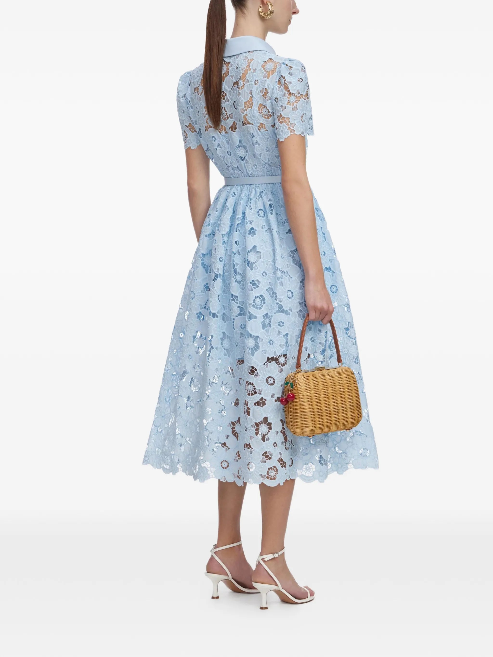 belted floral-lace midi dress