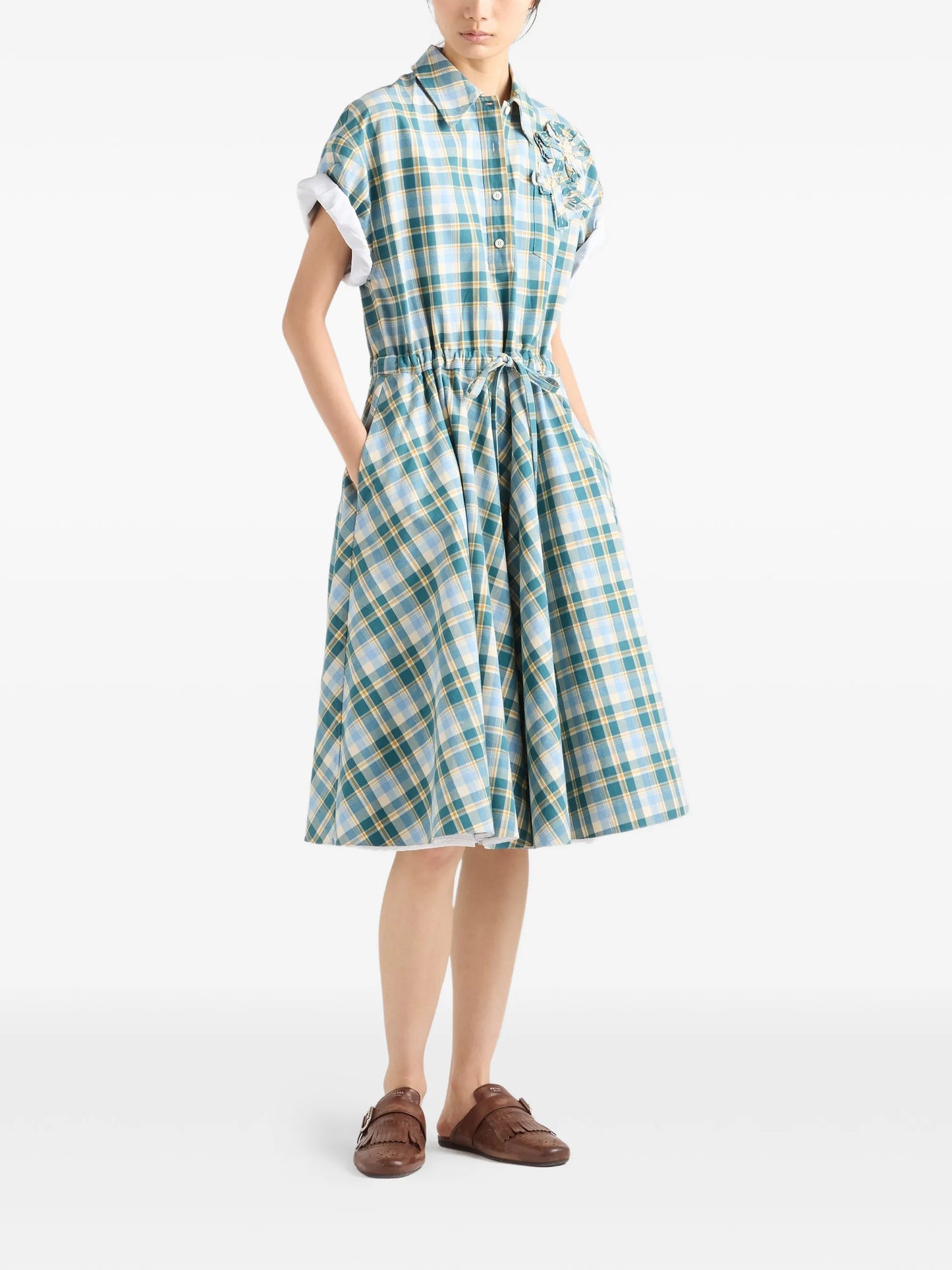 embroidered checked cotton dress