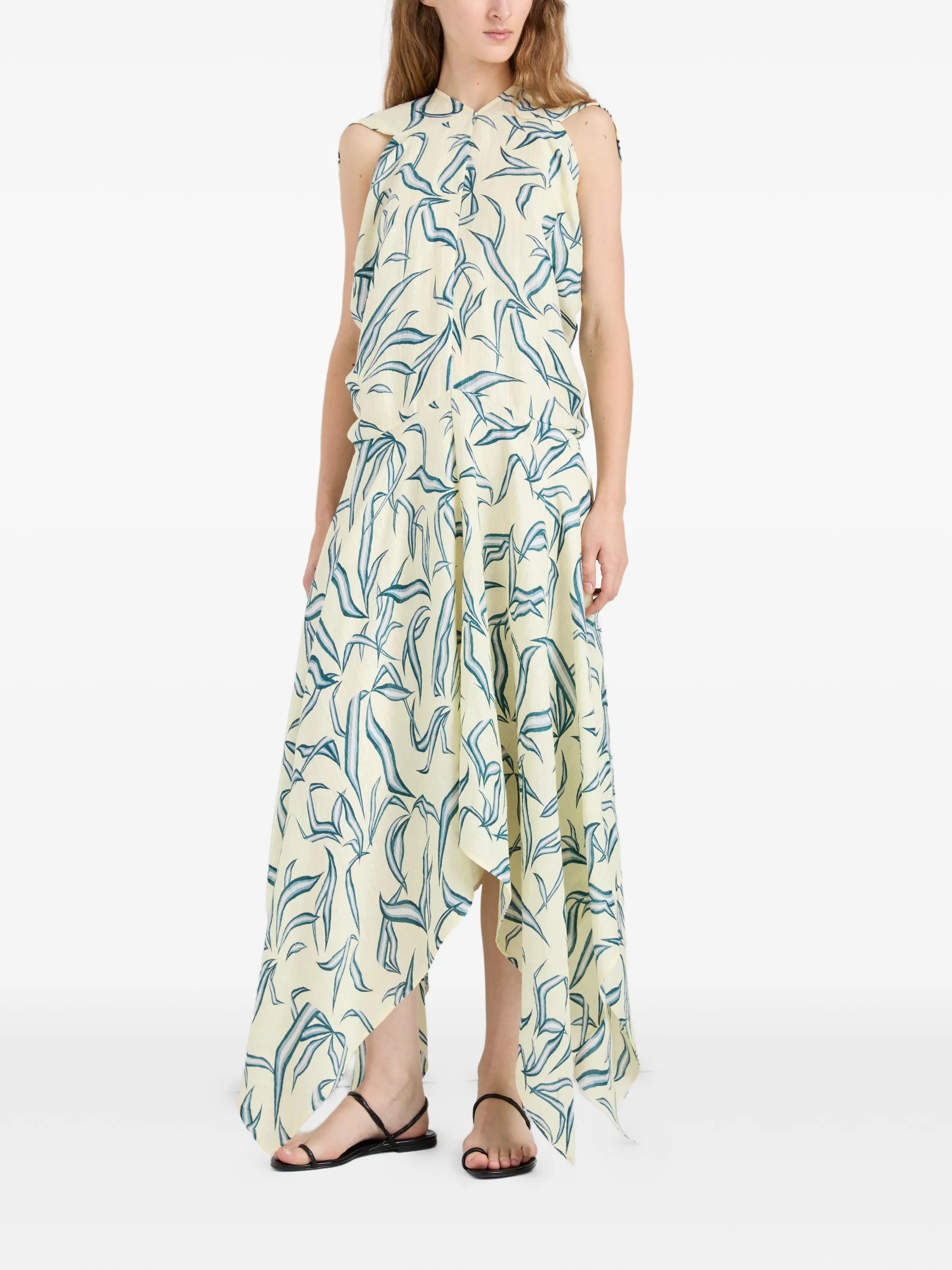 leaf-print asymmetric dress