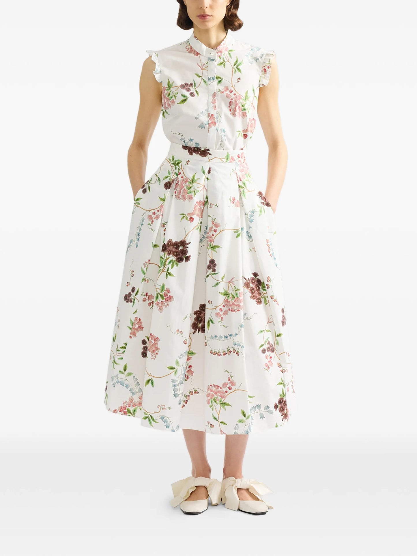 ruffled floral-print shirt