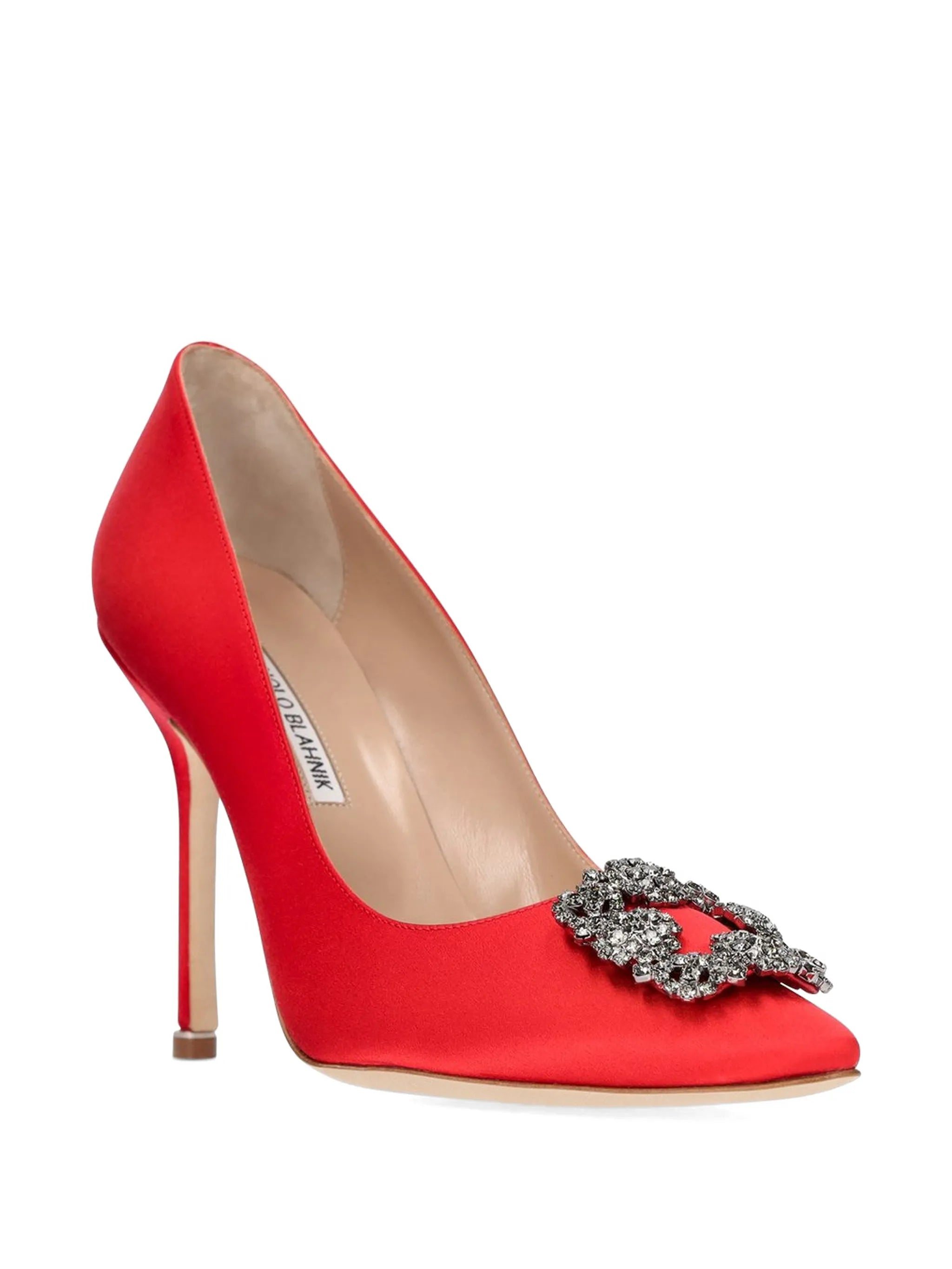 satin jewel buckle pumps