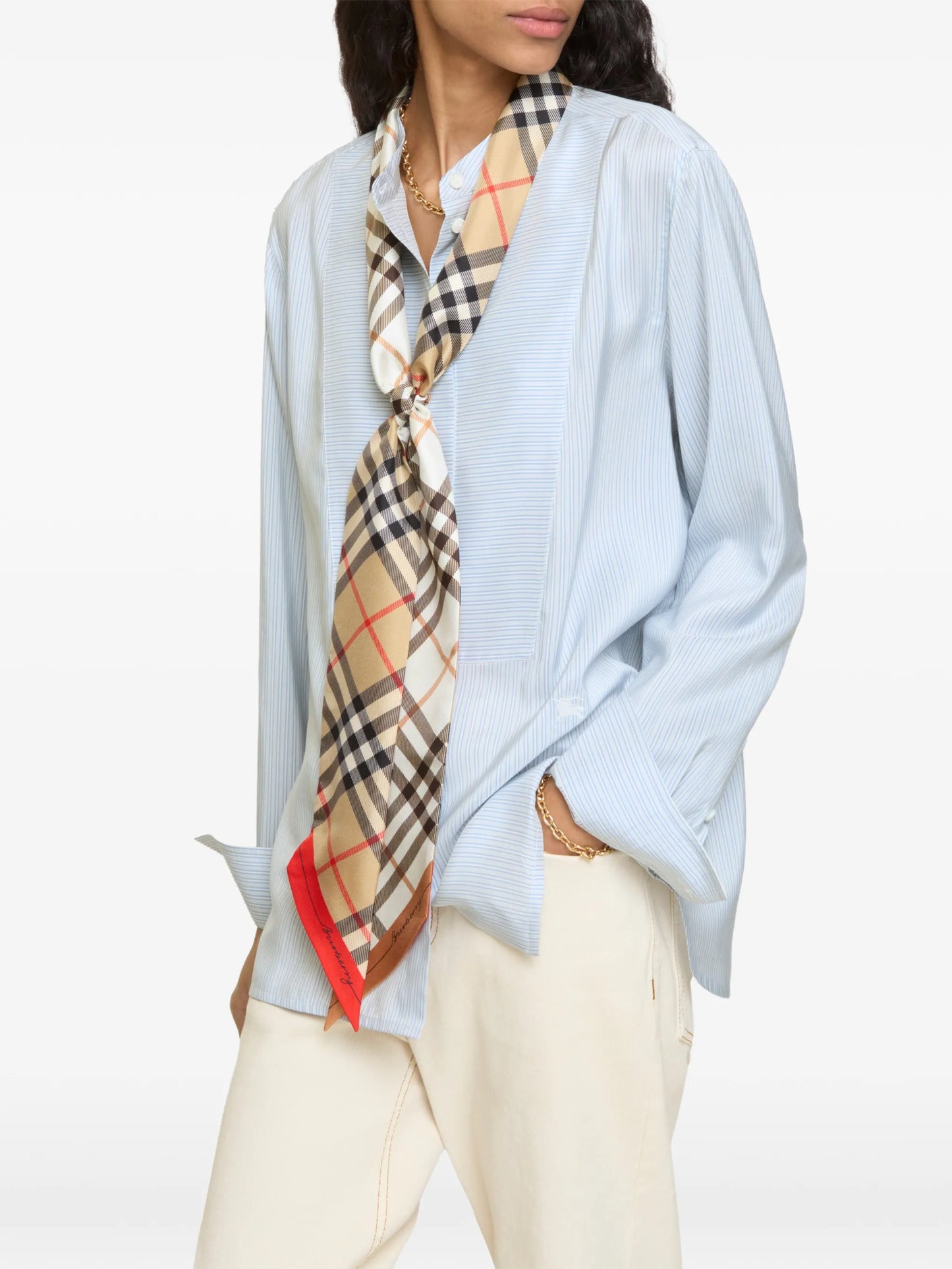 skinny contrast Check silk scarf
