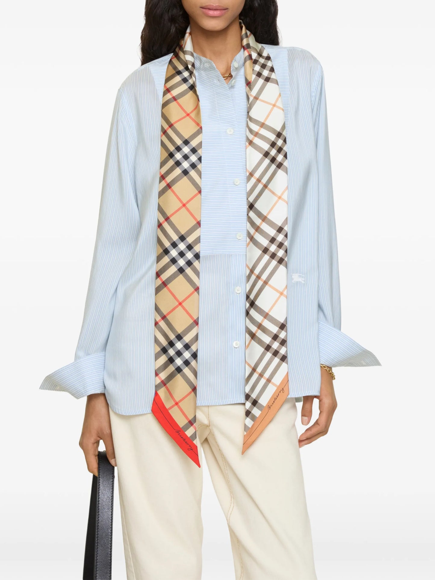 skinny contrast Check silk scarf