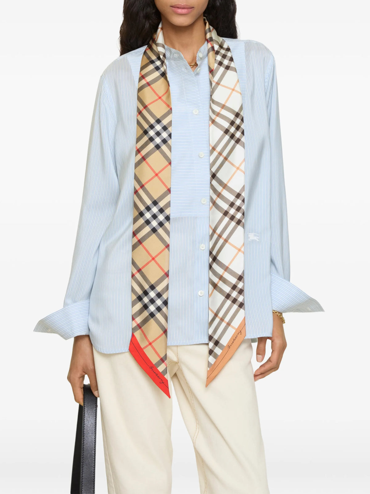 skinny contrast Check silk scarf