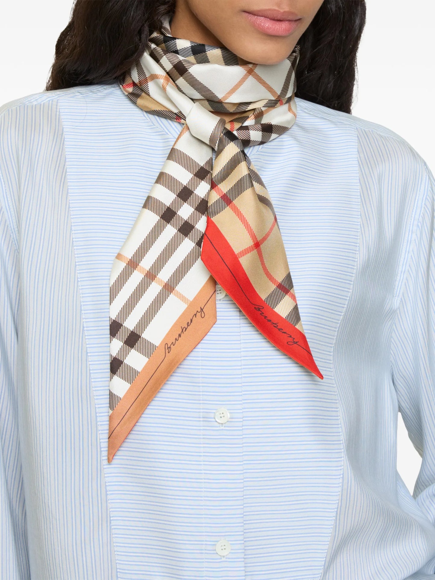 skinny contrast Check silk scarf