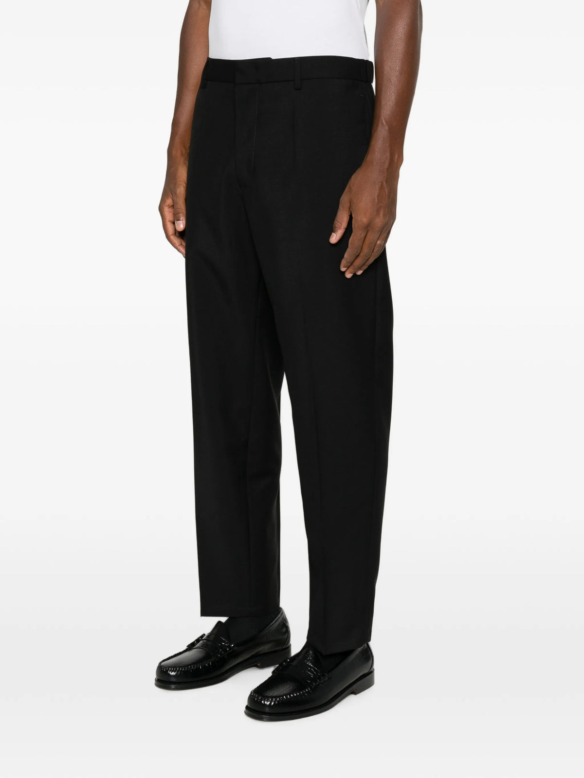 relaxed-fit wool mohair canvas trousers with tapered cropped leg and pressed crease