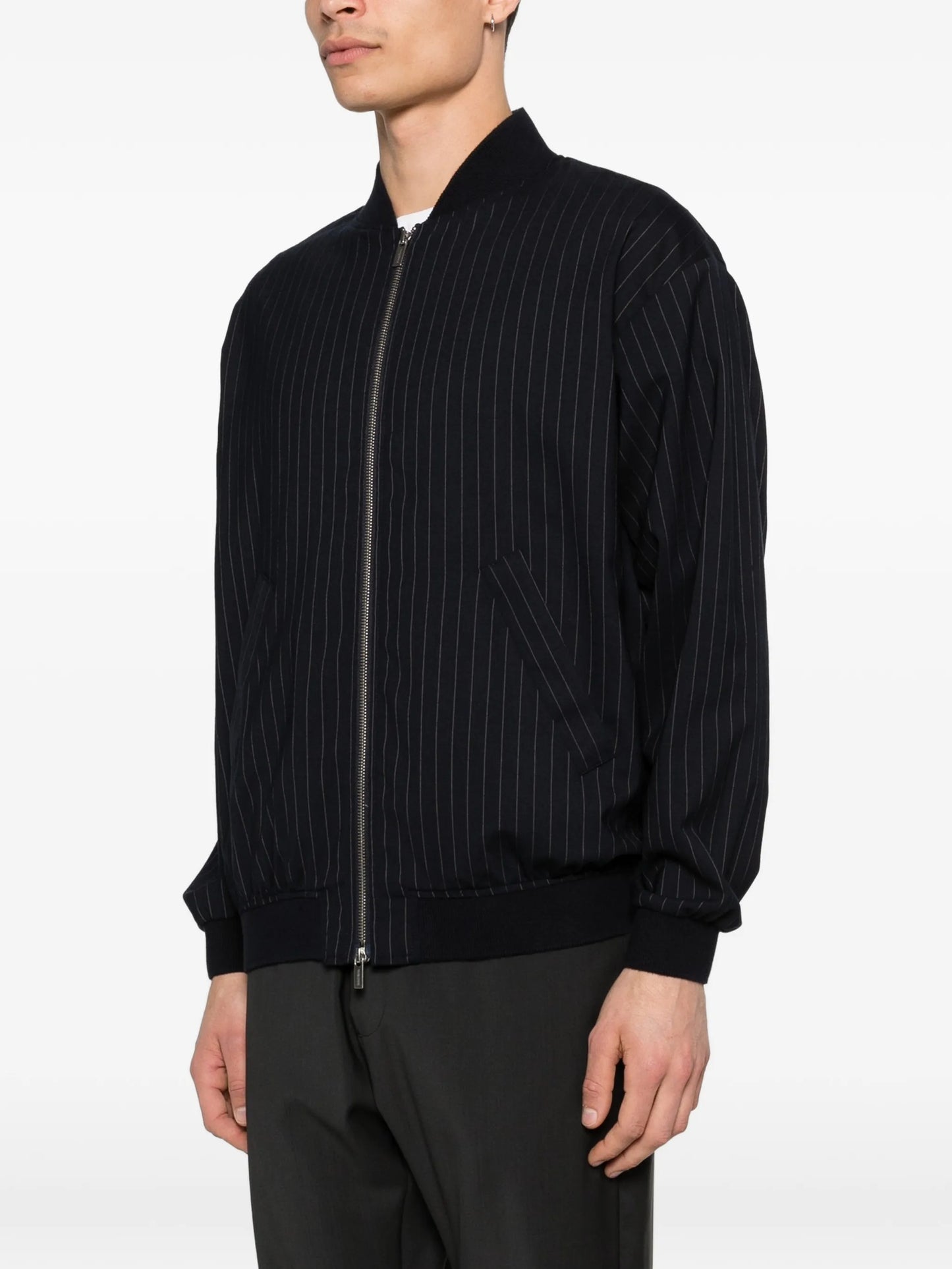 pinstripe zip-up bomber jacket