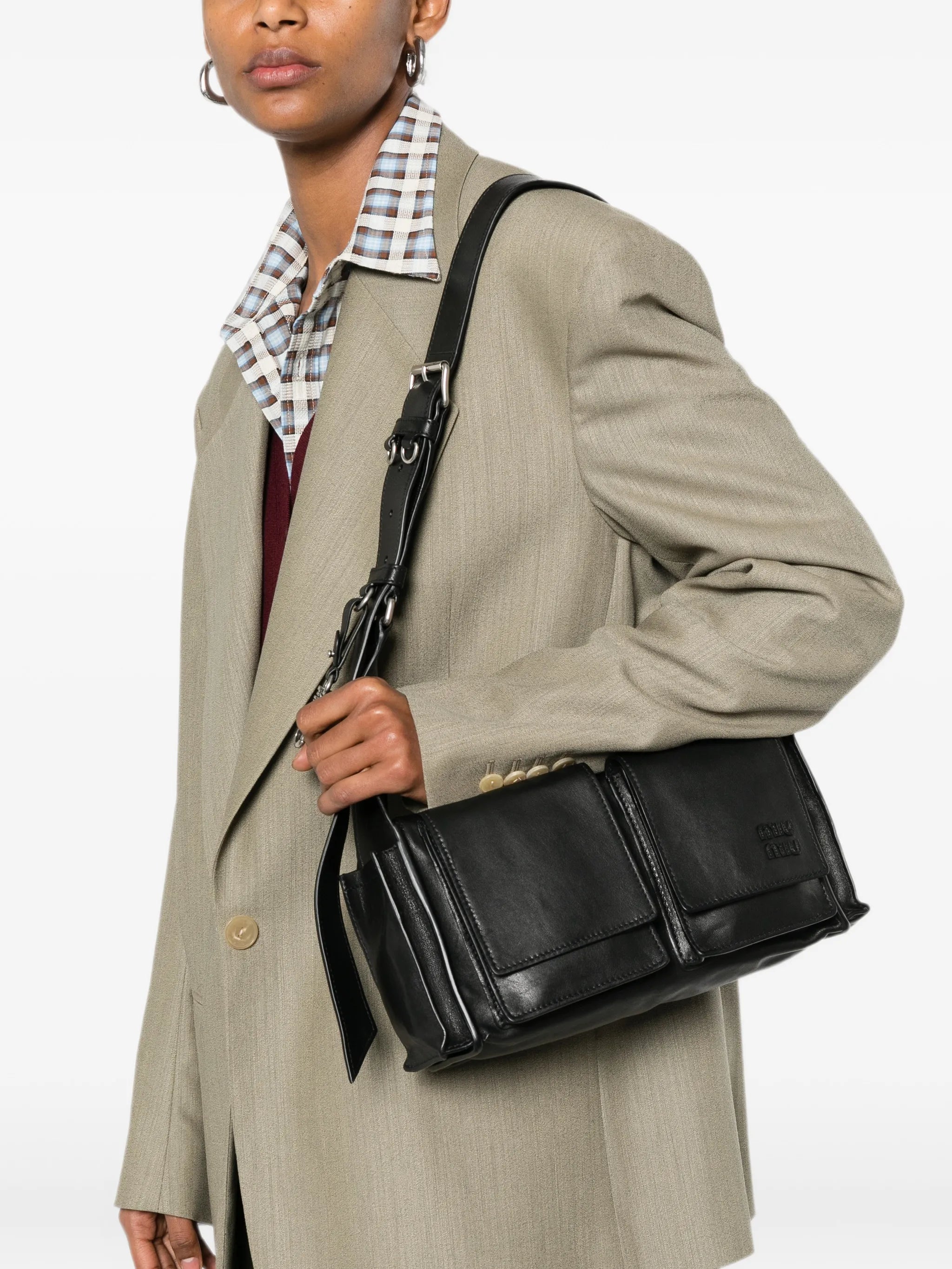 multi-pocket leather shoulder bag