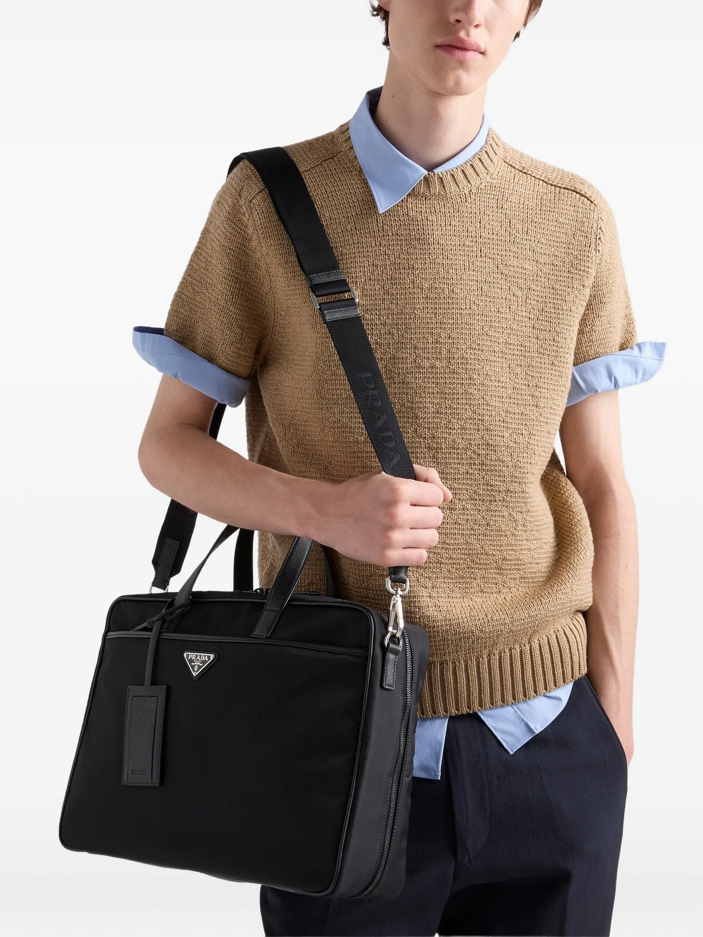 Re-Nylon and saffiano leather work bag