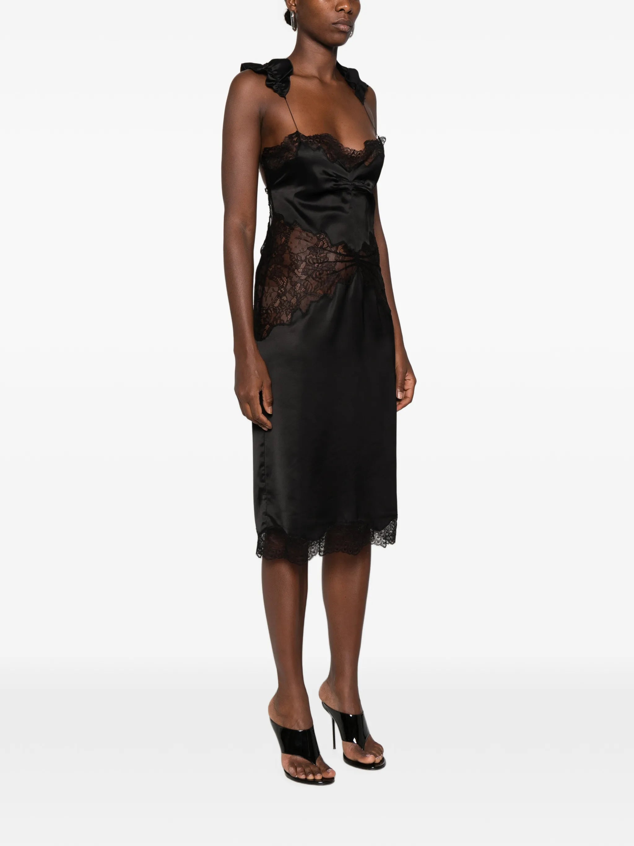 lace-trim ruffled midi dress