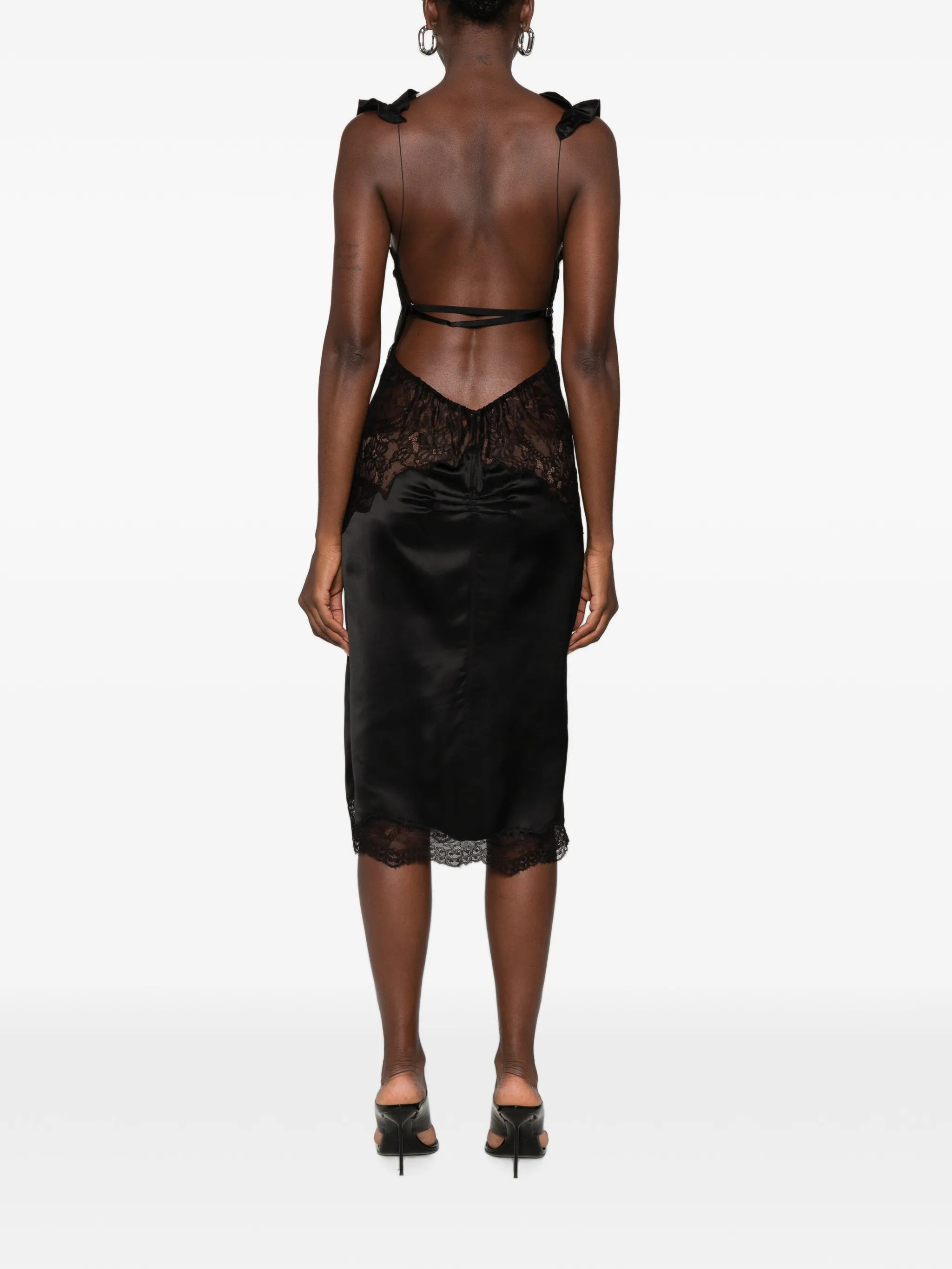 lace-trim ruffled midi dress