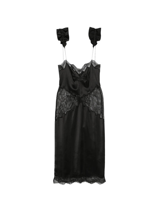 lace-trim ruffled midi dress