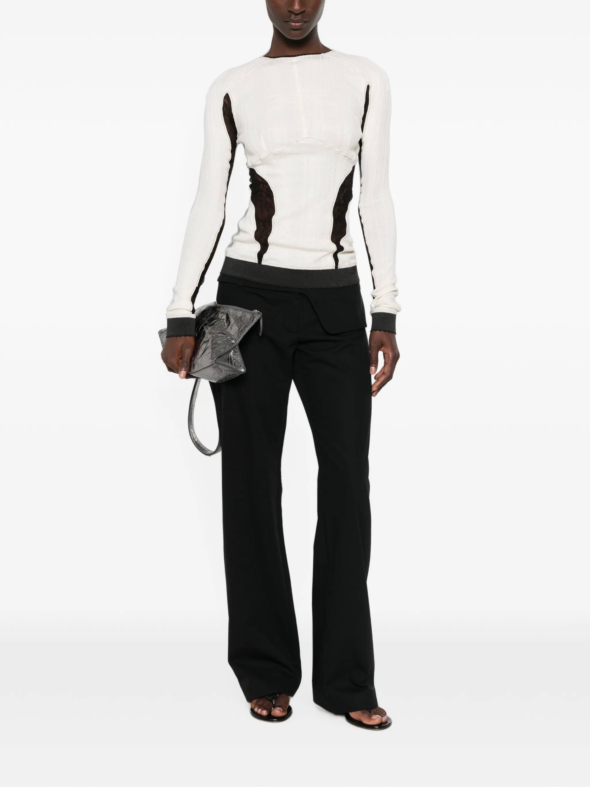 lace-insert ribbed-knit top