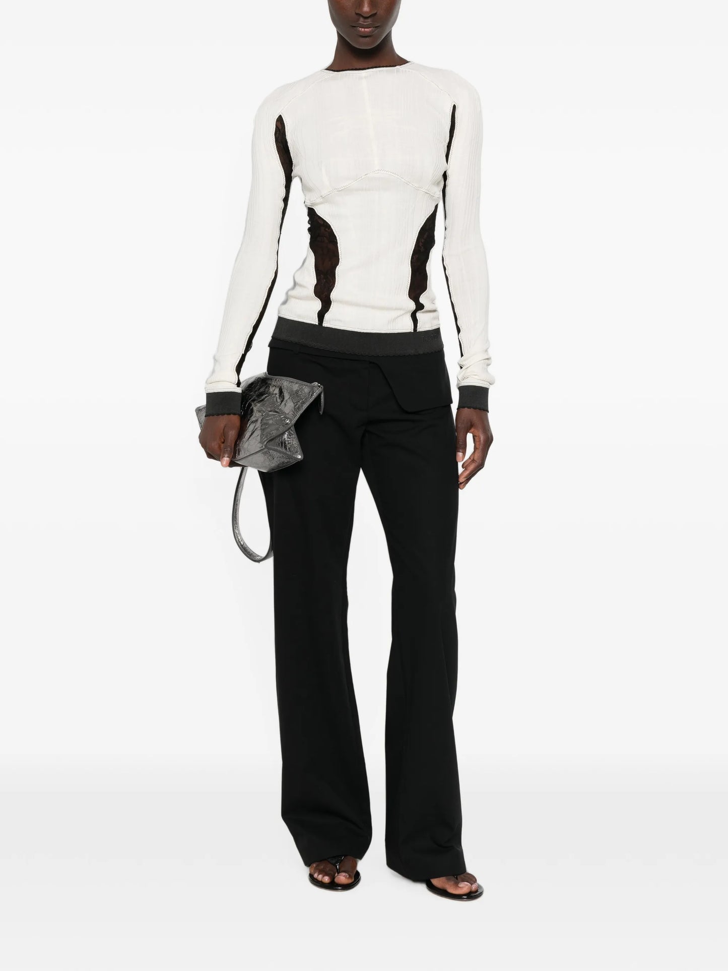 lace-insert ribbed-knit top