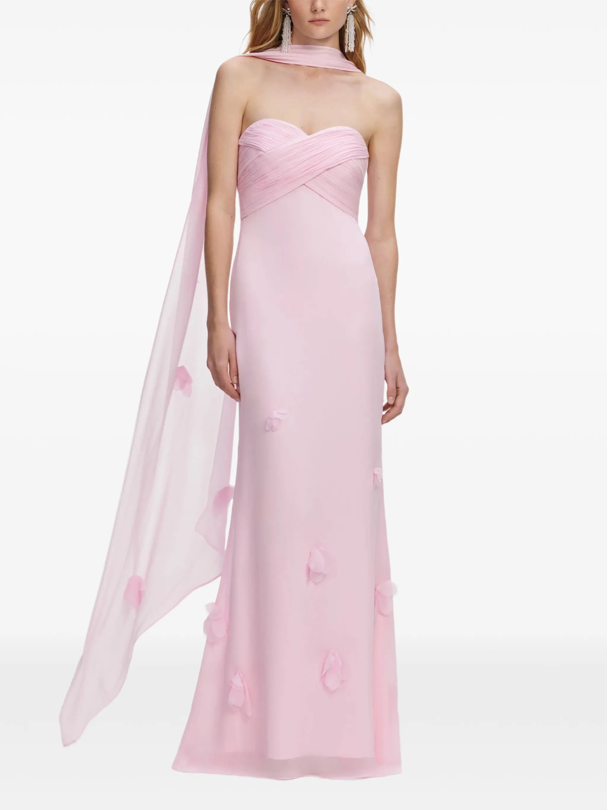 floral-appliqué strapless maxi dress