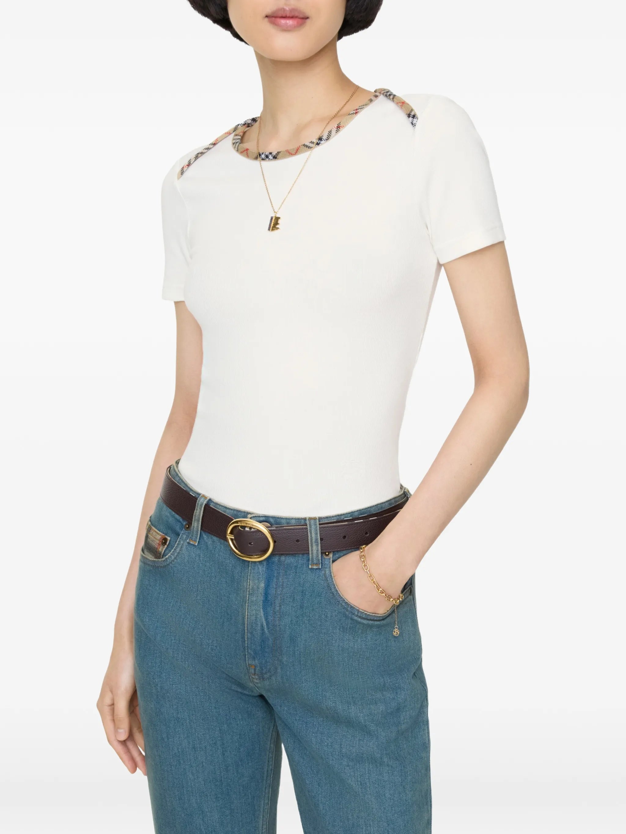 Check trim stretch cotton T-shirt