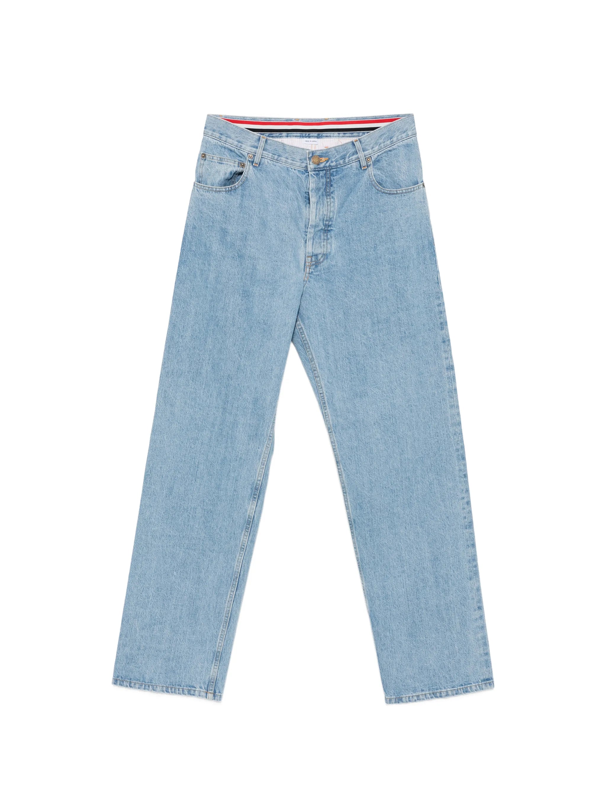 five-pocket buckle-strap jeans