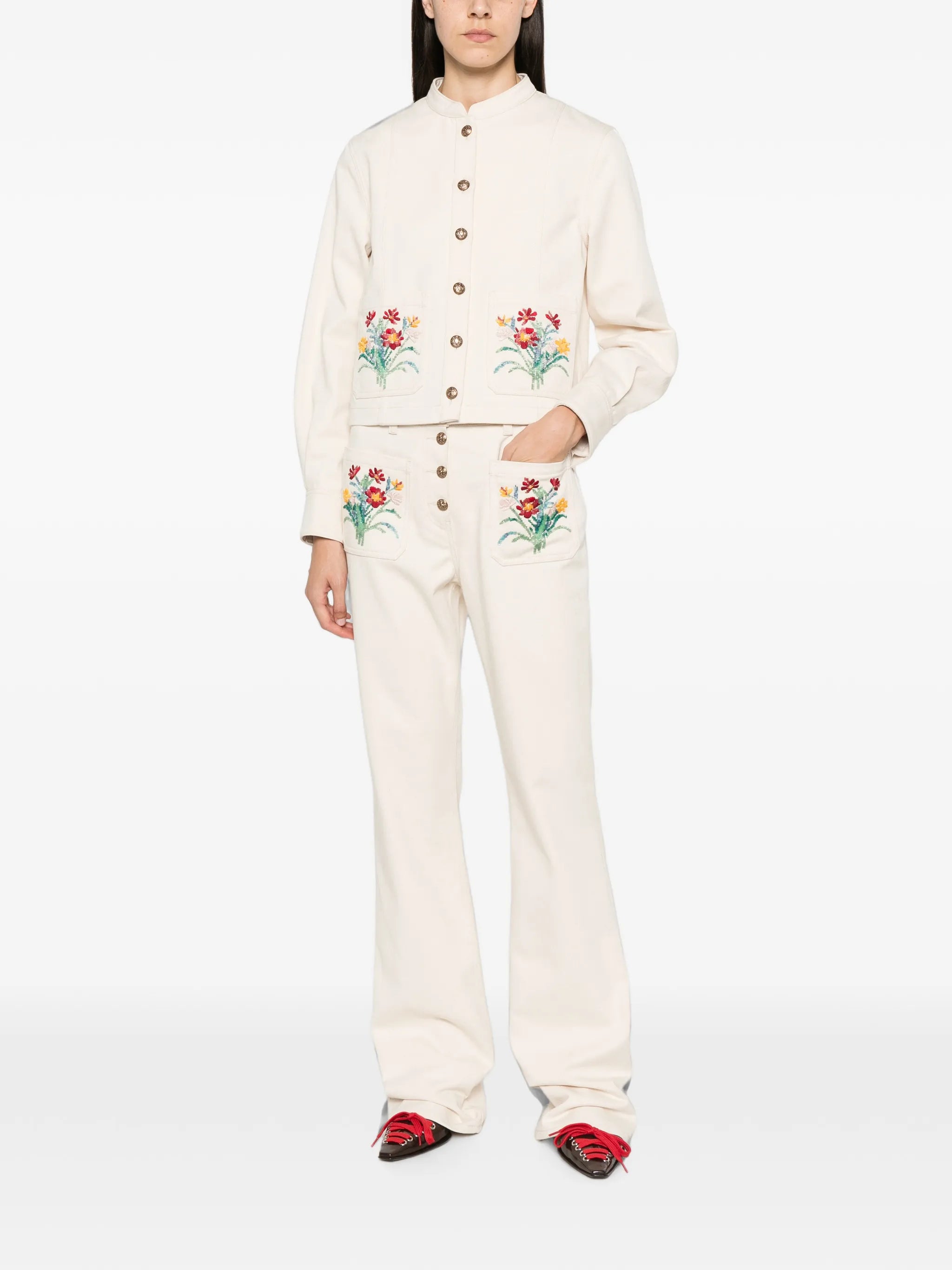 floral-embroidered jeans
