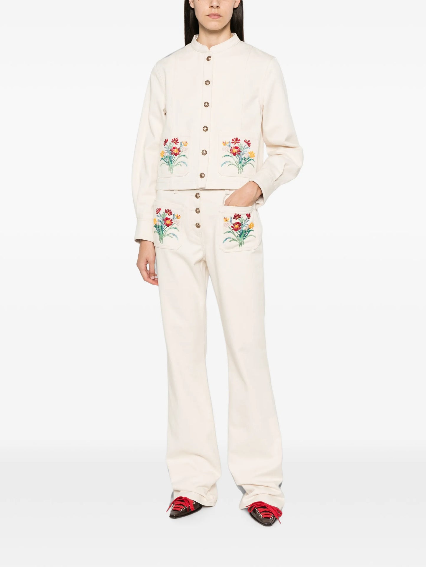 floral-embroidered jeans