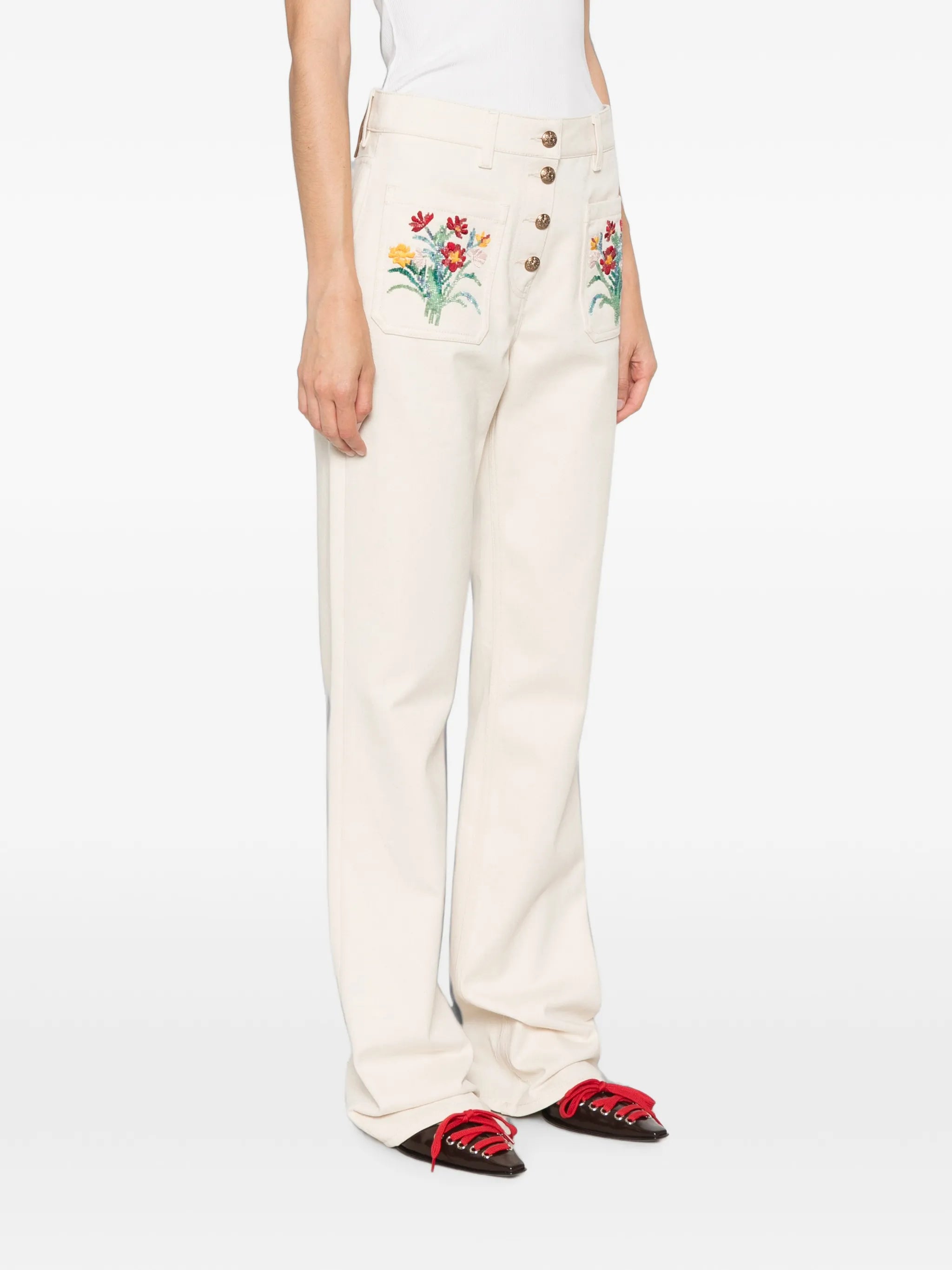 floral-embroidered jeans