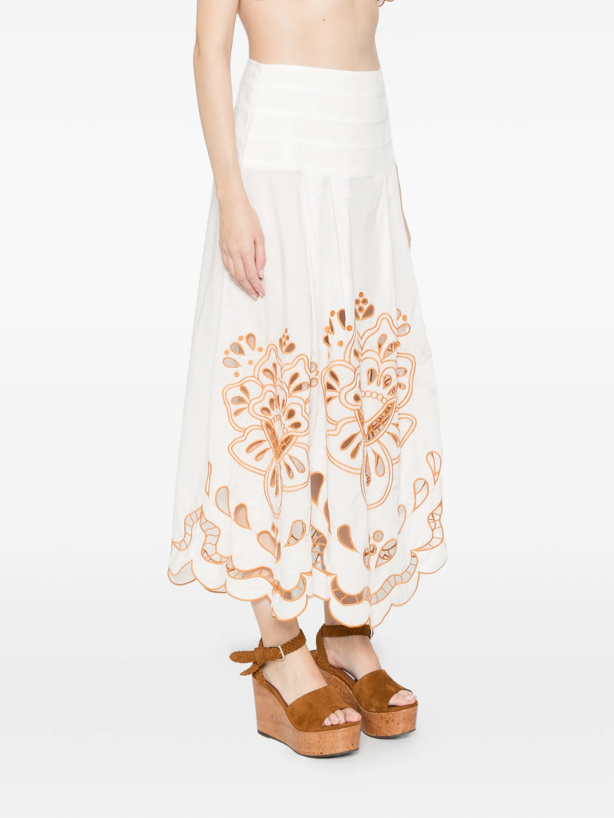 Trop floral-embroidery midi skirt