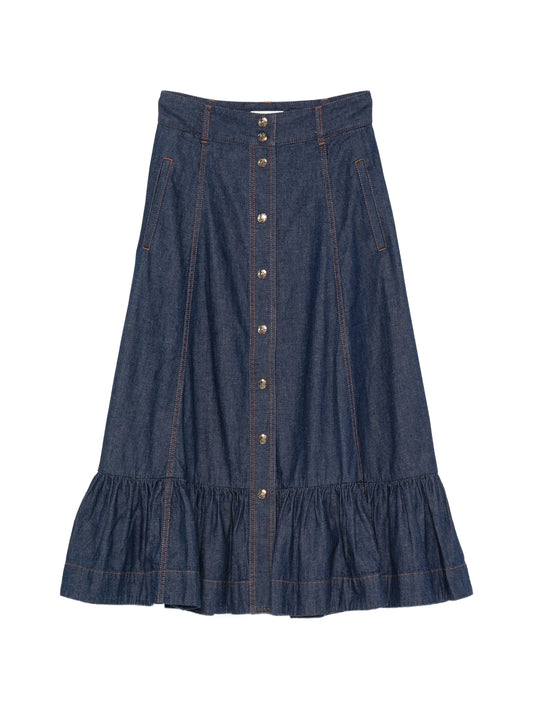 Aster denim frill midi skirt