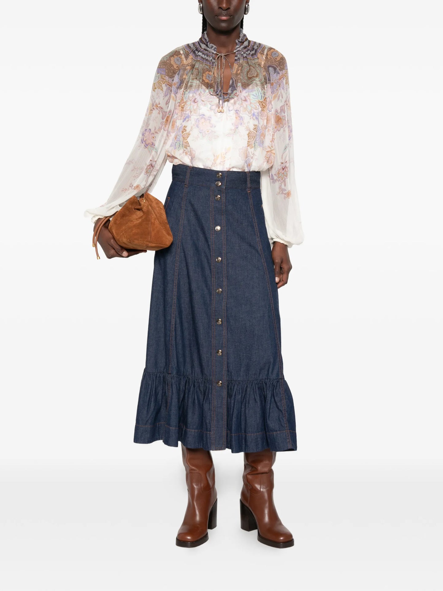 Aster ruffled denim maxi skirt