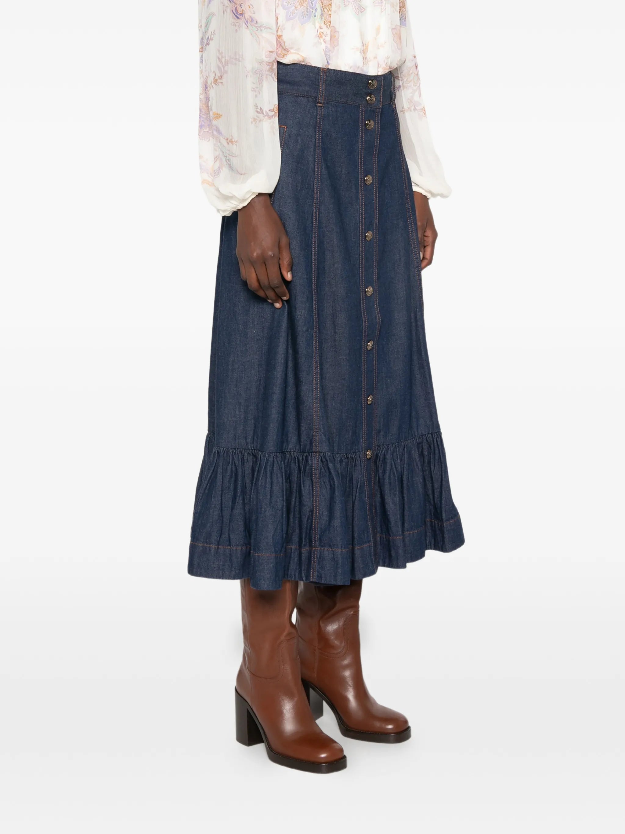 Aster ruffled denim maxi skirt