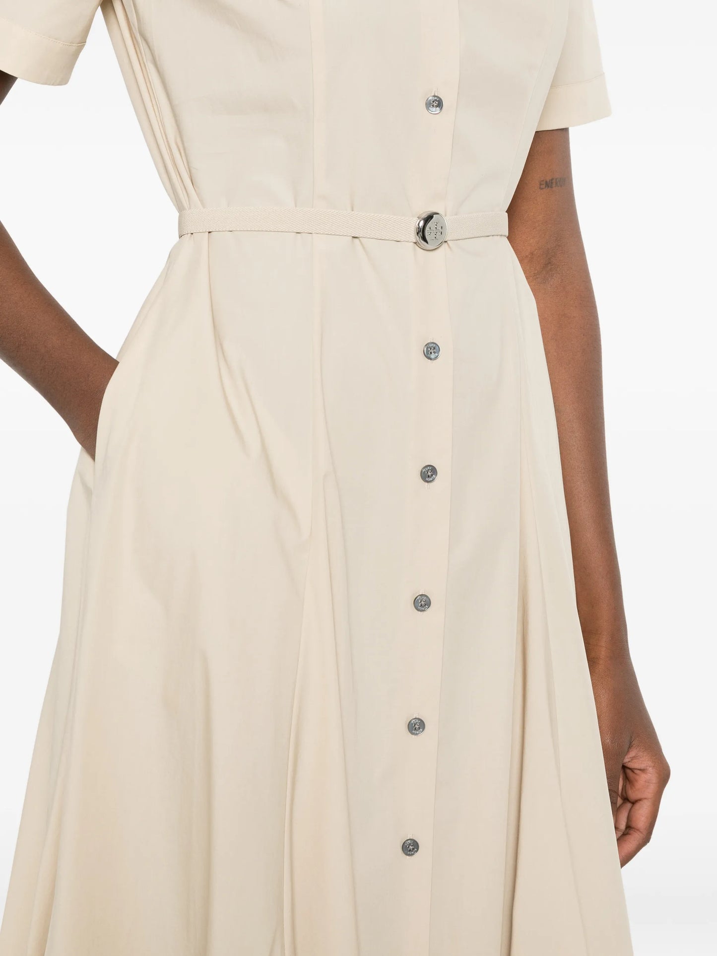 belted short-sleeve midi shirt dress