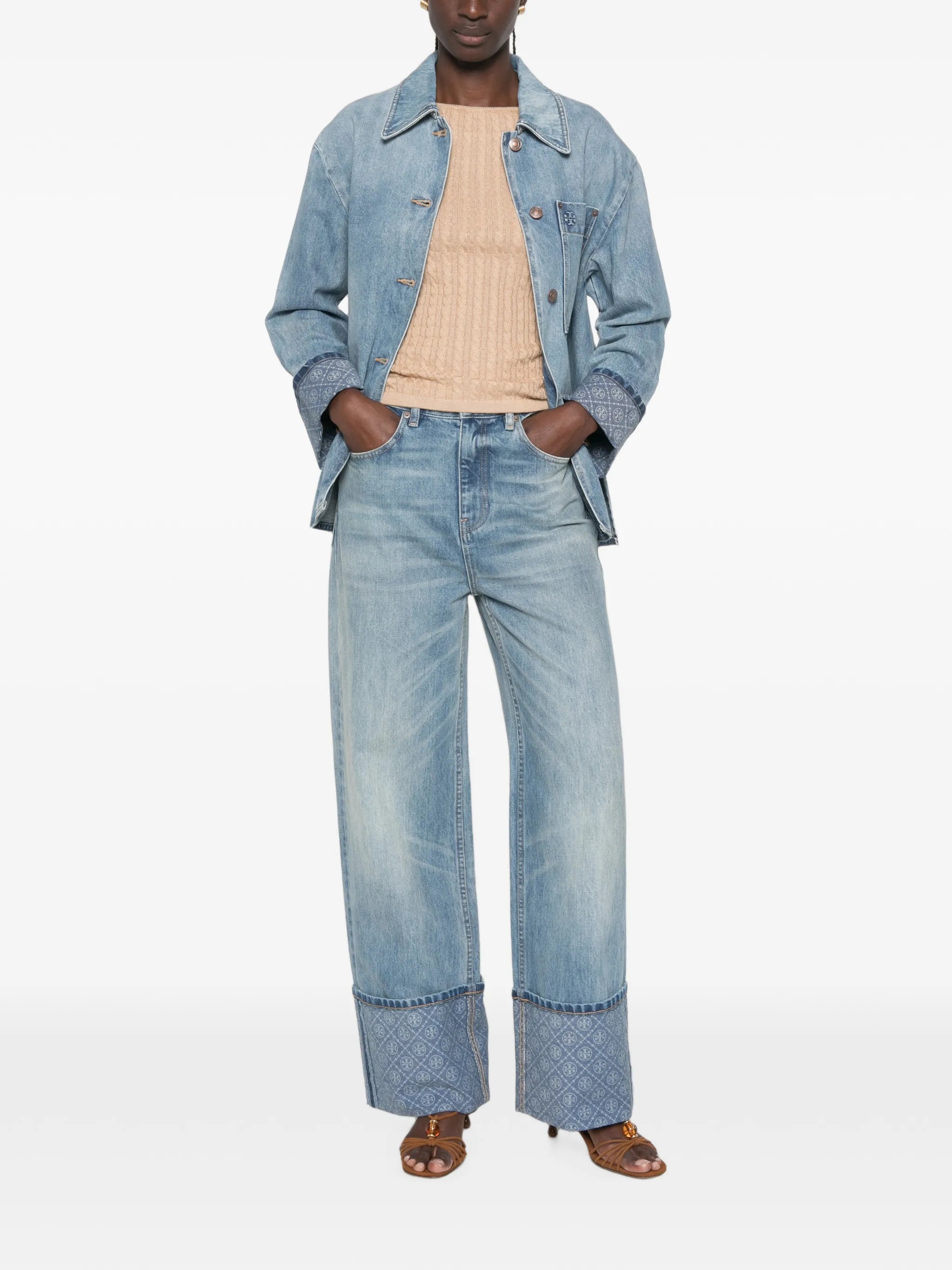 contrast cuff straight leg jeans